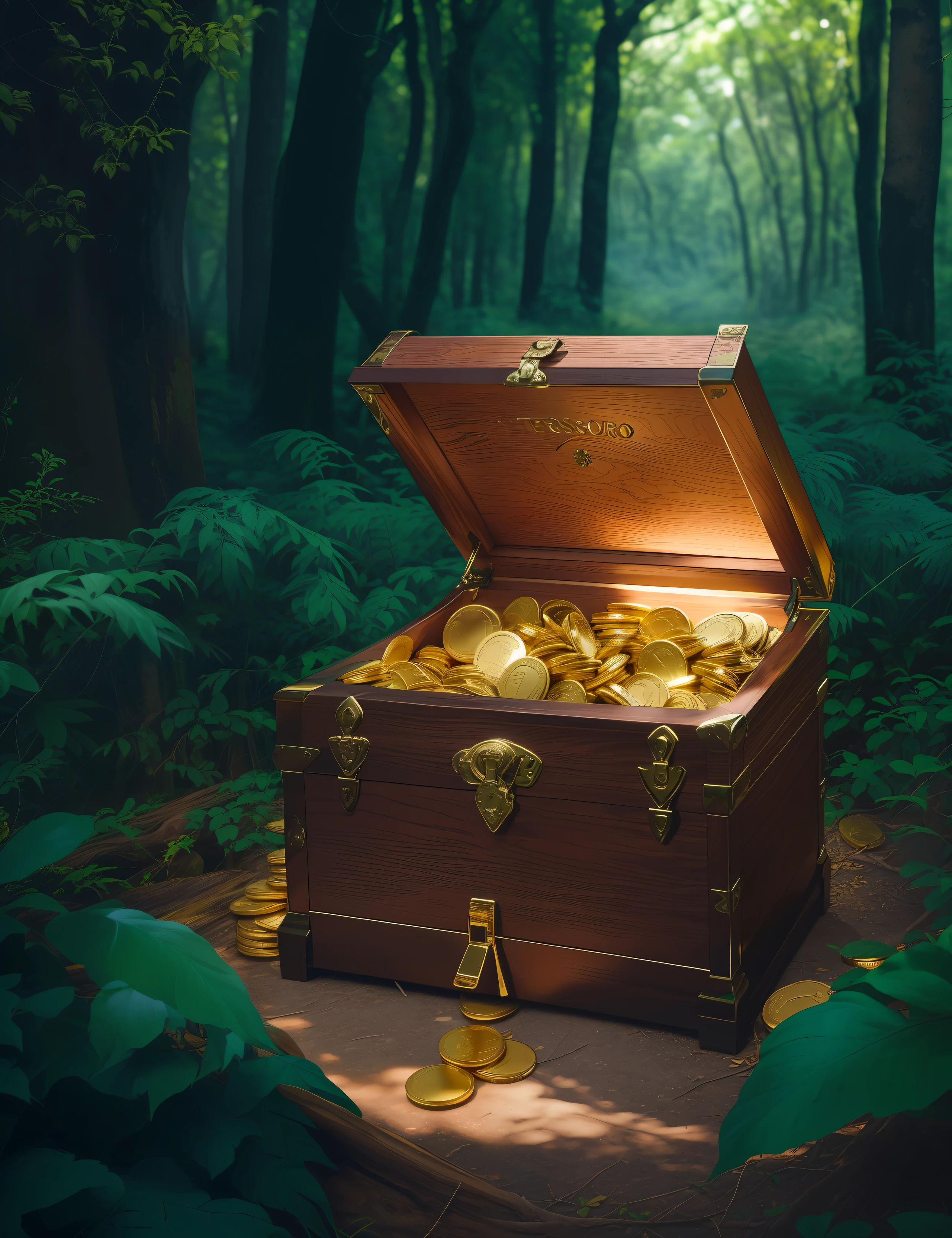 There is a chest full of gold coins in the forest, ouro e tesouro, hiding large treasure chest, tesouros de ouro, treasure chest, com muitas moedas de ouro, tesouro, ele tem um tesouro com ele, fundo do tesouro, treasure chests, tesouro acumular, Tesouros, muitos tesouros, olhando para a caixa do tesouro, artefato do tesouro, escondido na floresta, sala do tesouro