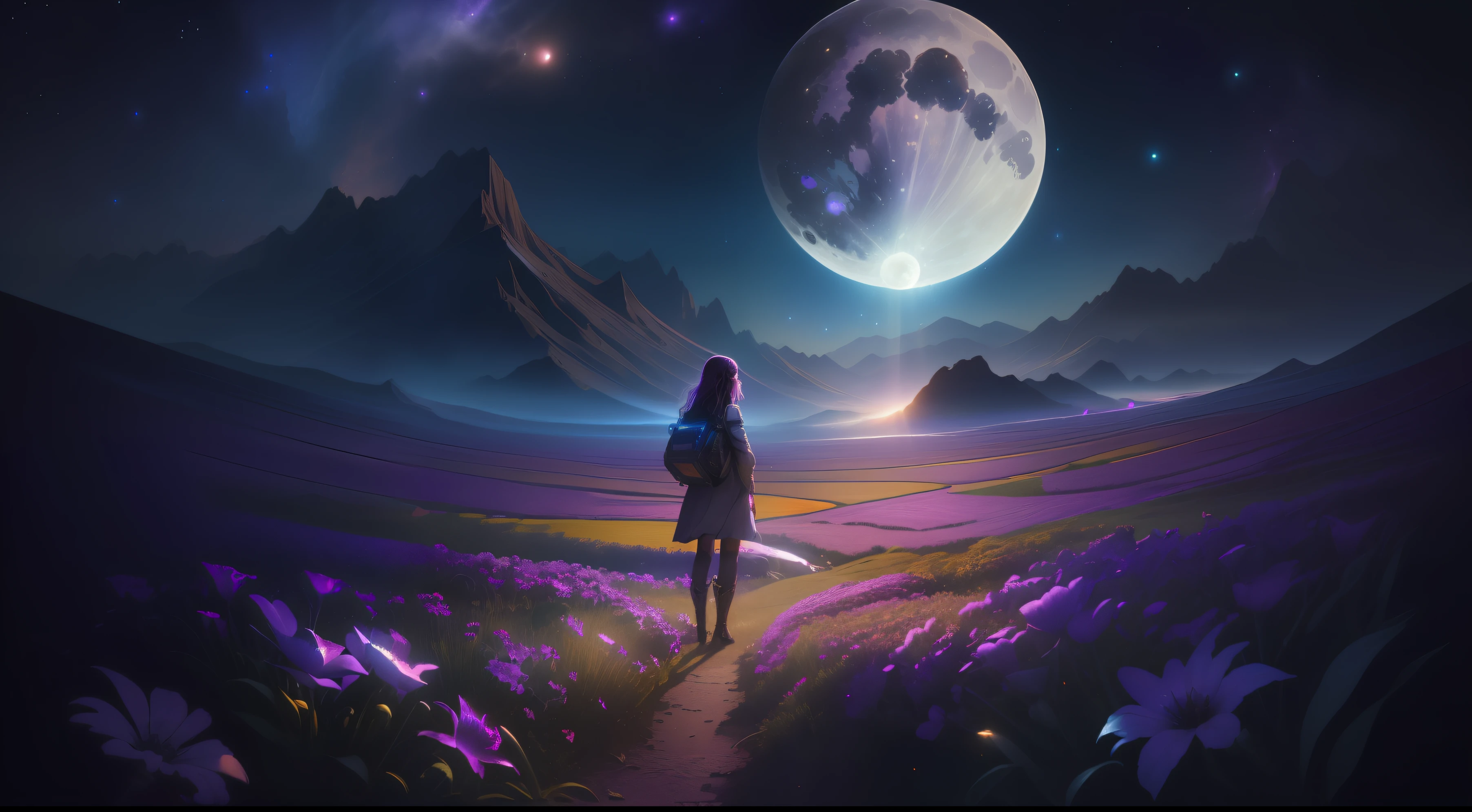 expansive landscape photograph , (a view from below that shows sky above and open field below), a girl standing on flower field looking up, (full moon:1.2), ( shooting stars:0.9), (nebula:1.3), distant mountain, tree BREAK
production art, (warm light source:1.2), (Firefly:1.2), lamp, lot of purple and orange, intricate details, volumetric lighting BREAK
(masterpiece:1.2), (best quality), 4k, ultra-detailed, (dynamic composition:1.4), highly detailed, colorful details,( iridescent colors:1.2), (glowing lighting, atmospheric lighting), dreamy, magical, (solo:1.2)