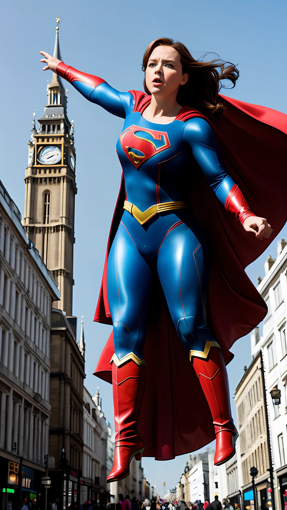 (melhor qualidade, 8k, 32k, obra-prima, UHD: 1.2), Fotos de Melissa McCarthy, seios grandes, sexy, superbreath, pose de super-heroi, parte superior do corpo, colar (roupa de Supergirl, : 1.5), saia vermelha, Flying into the sky, Fundo rua de Londres.