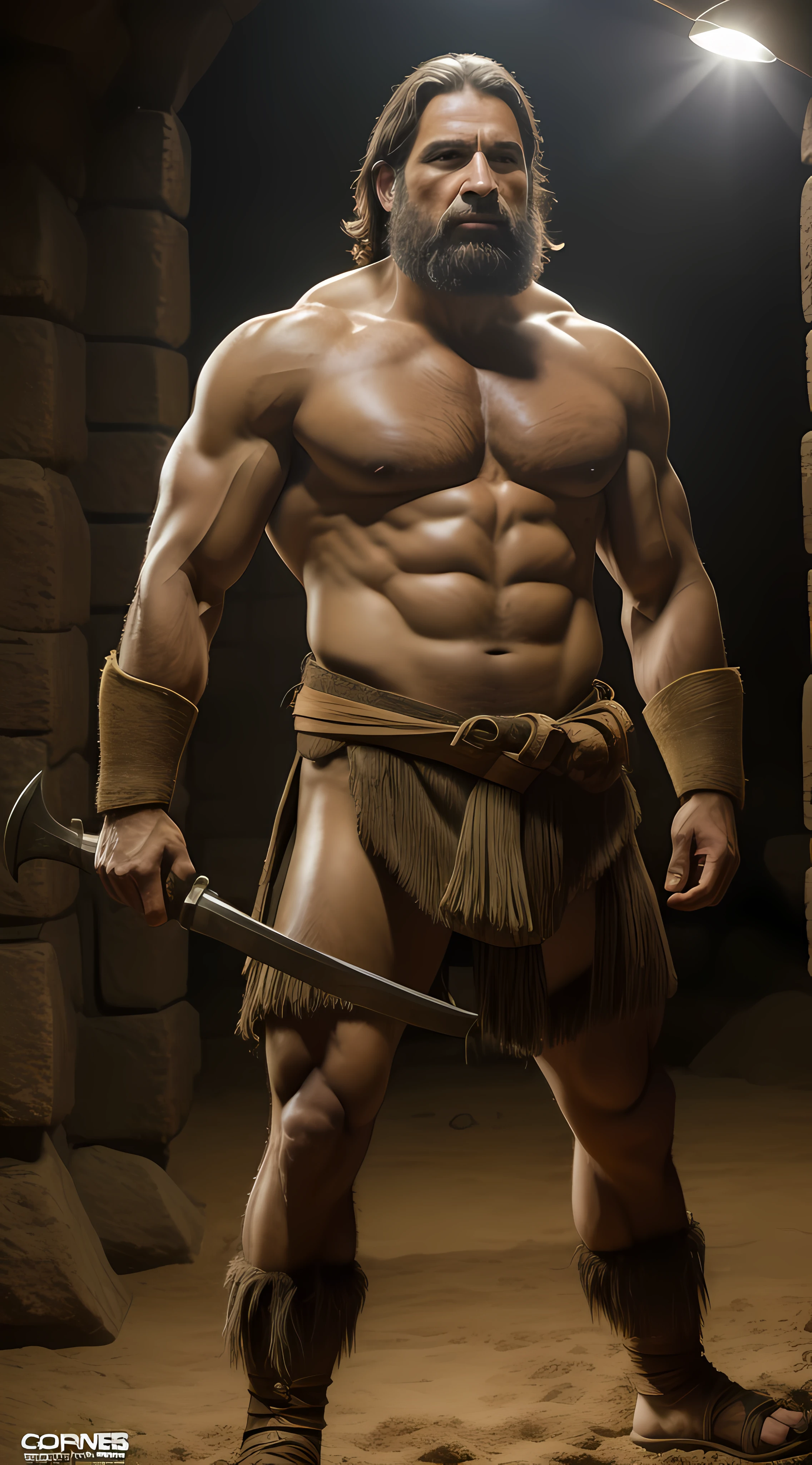 Guerreiro neandertal, corpo musculoso, gigante, pigmeus, campo de batalha, Prehistoric war scenario, Hiper realista, highes definition, Film production, ajuste profissional de corers e balanceamento, profesional lighting, detalhes intrincados, 8k
