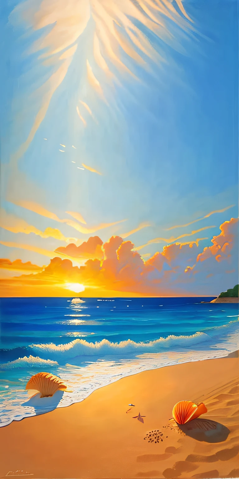 Surrealist painting of conch shells resting on the beach of a tropical paradise at sunset. Warm golden sunlight illuminates the scene, casting a long shadow on the beach. The shell is depicted in stunning detail, and the bold and vivid colors give it a magical, otherworldly quality. Created in the style of Salvador Dali, the painting uses oil on canvas to create a dreamlike atmosphere. Museum-quality artwork invites viewers to step into this fascinating world of sand, sea and sky.