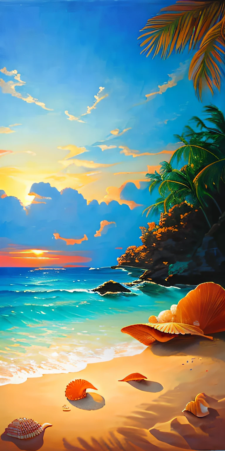 Surrealist painting of conch shells resting on the beach of a tropical paradise at sunset. Warm golden sunlight illuminates the scene, casting a long shadow on the beach. The shell is depicted in stunning detail, and the bold and vivid colors give it a magical, otherworldly quality. Created in the style of Salvador Dali, the painting uses oil on canvas to create a dreamlike atmosphere. Museum-quality artwork invites viewers to step into this fascinating world of sand, sea and sky.