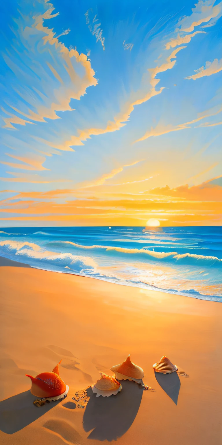 Surrealist painting of conch shells resting on the beach of a tropical paradise at sunset. Warm golden sunlight illuminates the scene, casting a long shadow on the beach. The shell is depicted in stunning detail, and the bold and vivid colors give it a magical, otherworldly quality. Created in the style of Salvador Dali, the painting uses oil on canvas to create a dreamlike atmosphere. Museum-quality artwork invites viewers to step into this fascinating world of sand, sea and sky.