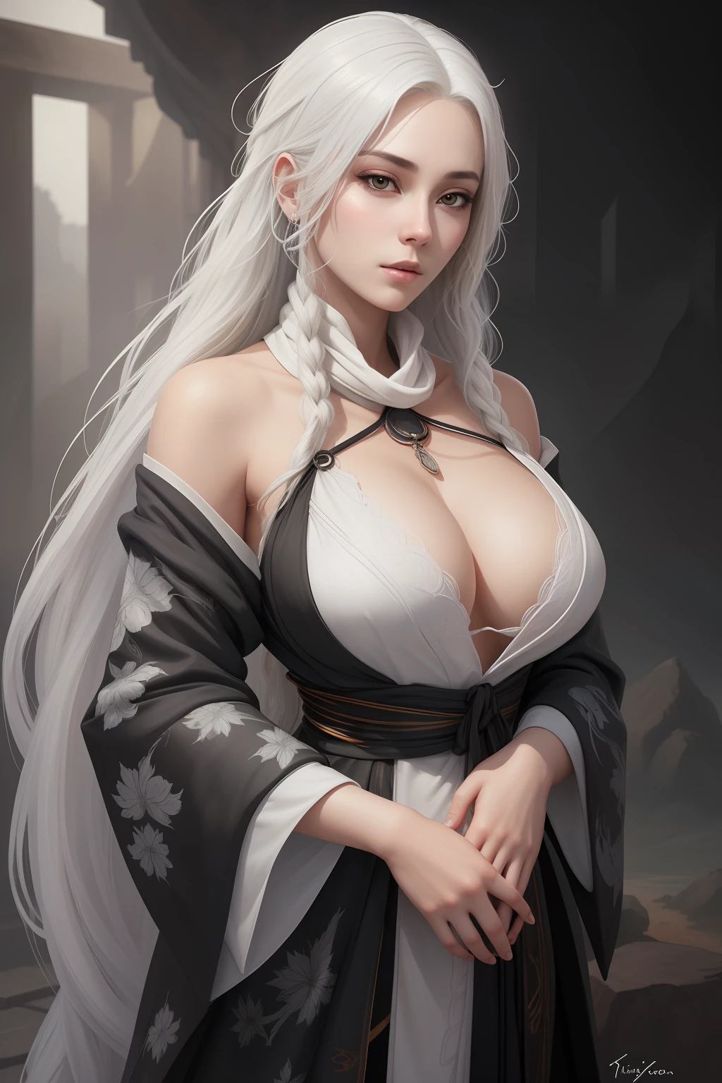 Close-up of a woman with white hair and a black scarf,a character portrait by Yang J,Pixiv competition winner,Fantasyart,white-haired god,Beautiful character painting,Guviz-style artwork,Yuki Onna's glareing gaze,Guweiz,long white hair,Long white hair,flowing hair and long robes,gigantic cleavage breasts,Leaking areola
