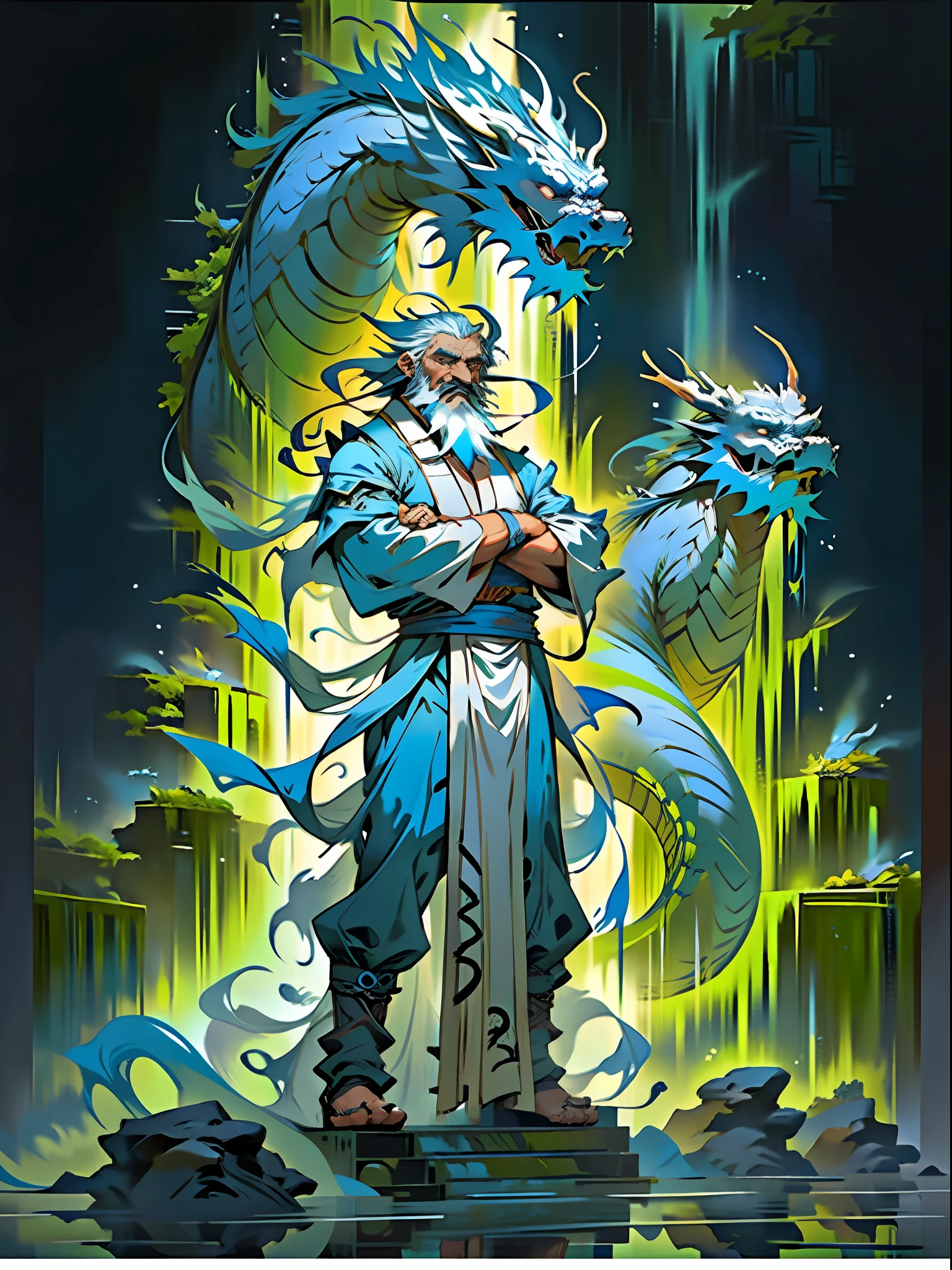 A Taoist priest, Wearing a costume, 65 yeas old, gray hair and beard, standing in water, had his hands folded, Next to it is a barrier formed by water, The background is a waterfall, Ultra-Wide Angle, Masterpiece, Anatomically correct, Super detail