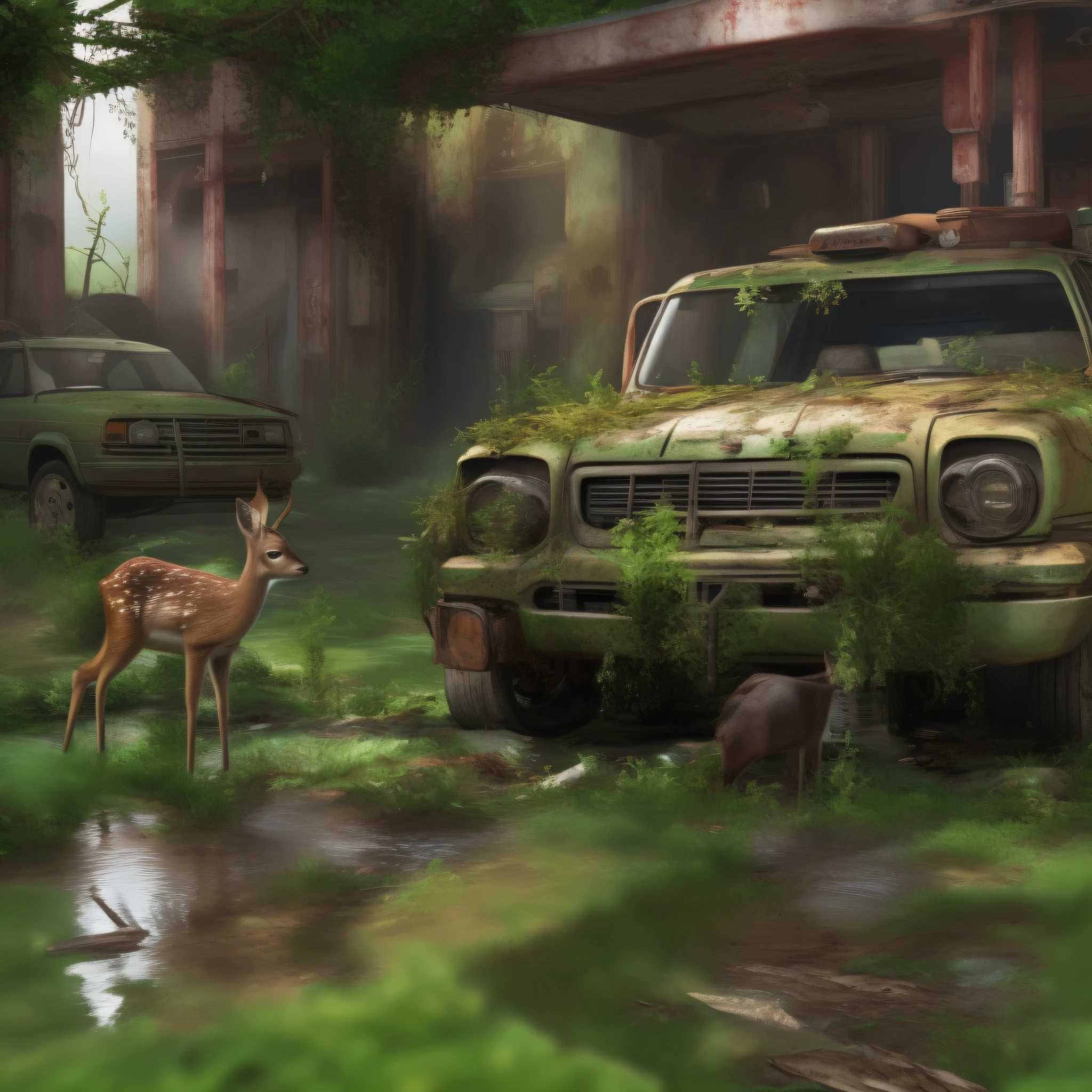 Wasteland City，Lush vegetation，Abandoned vehicles，Fawn drinking water by a puddle，Mottled beam