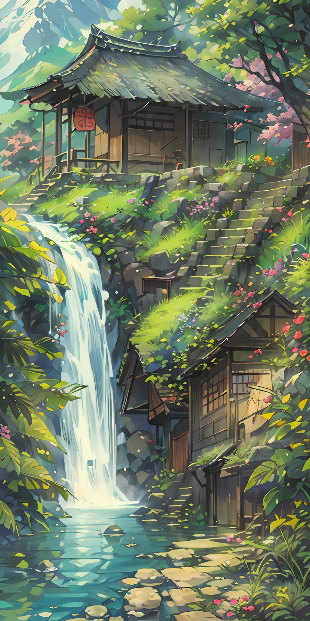 Chinese Antiquity、thatched hut、springtime、jungles、Crystal clear lake、hole in the mountains、waterfallr，The tree、grassy fields、Rochas、hot onsen、hydrosphere、（illustratio：1.0）、Epic composition、Realistic lighting、high definition detail、tmasterpiece、Best quality，（非常详细的 CG 统一 8k 壁纸）