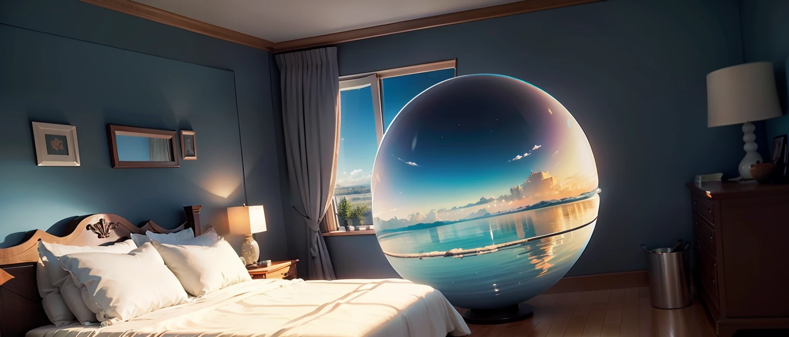 large water sphere, in the room, ray-tracing, reflection