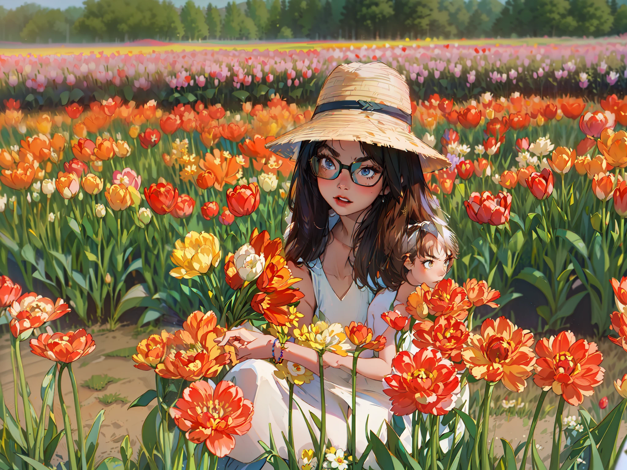 pretty 28 year old chinese woman wearing a sun hat and sunglasses kneeling in a field of tulips, tall and slim, wearing a white sleeveless halter dress, holding a bouquet of tulips, girl in a tulip field, girl in flowers, girl kneeling in a tulip field, in a field of flowers, picking flowers, girl standing in a flower field