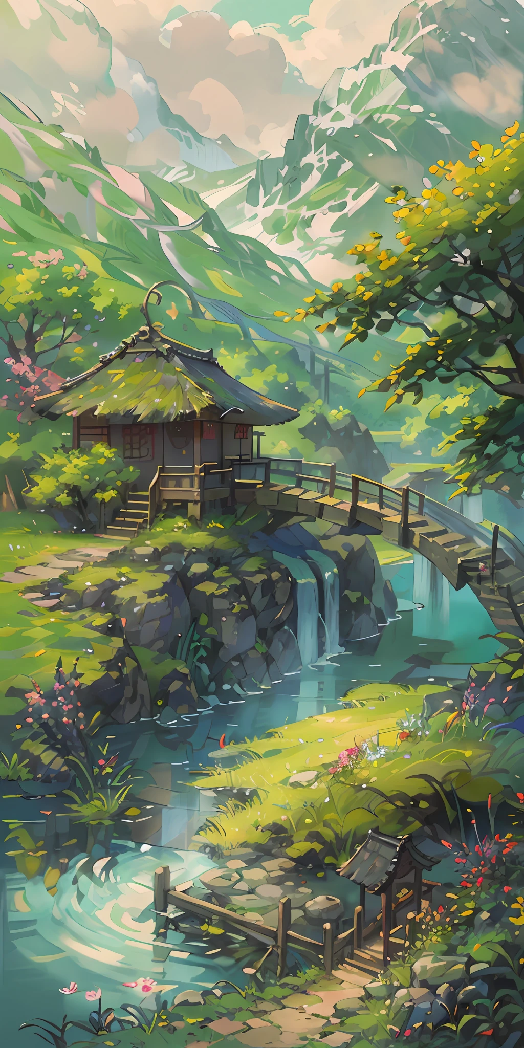 Chinese Antiquity、thatched hut、springtime、jungles、lakes、hole in the mountains、waterfallr，The tree、grassy fields、Rochas、hot onsen、hydrosphere、（illustratio：1.0）、Epic composition、Realistic lighting、high definition detail、tmasterpiece、Best quality，（非常详细的 CG 统一 8k 壁纸）