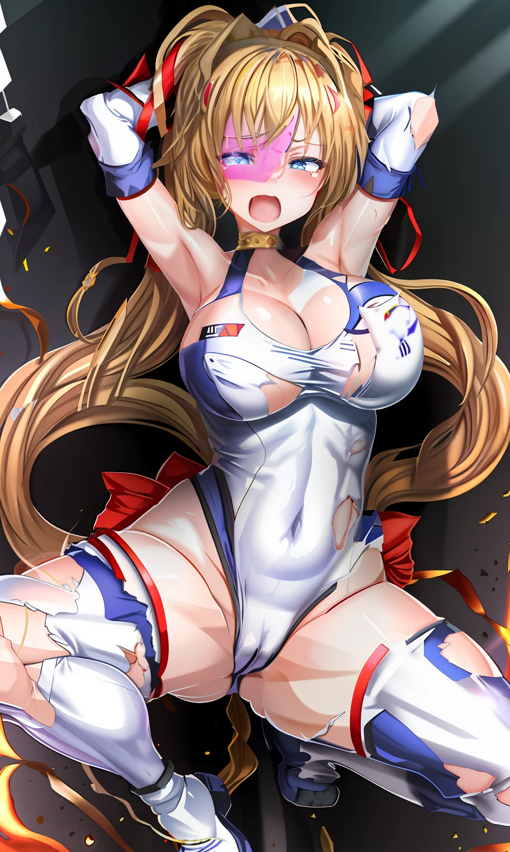 Shiny,Masterpiece, Best quality, 1girll, Fighting stance, battlefield, gigantic cleavage breasts, Blue eyes,Futanari, ,ahegao,One girl,full bodyesbian, torn cloth, Open legs, hand behind head, Underarms, , Tears, Humiliated, 浴室,Long hair,Heart-shaped pupils, Torn clothes, upper legs,Pathetic,exhibitionism，Clothes open，breasts out