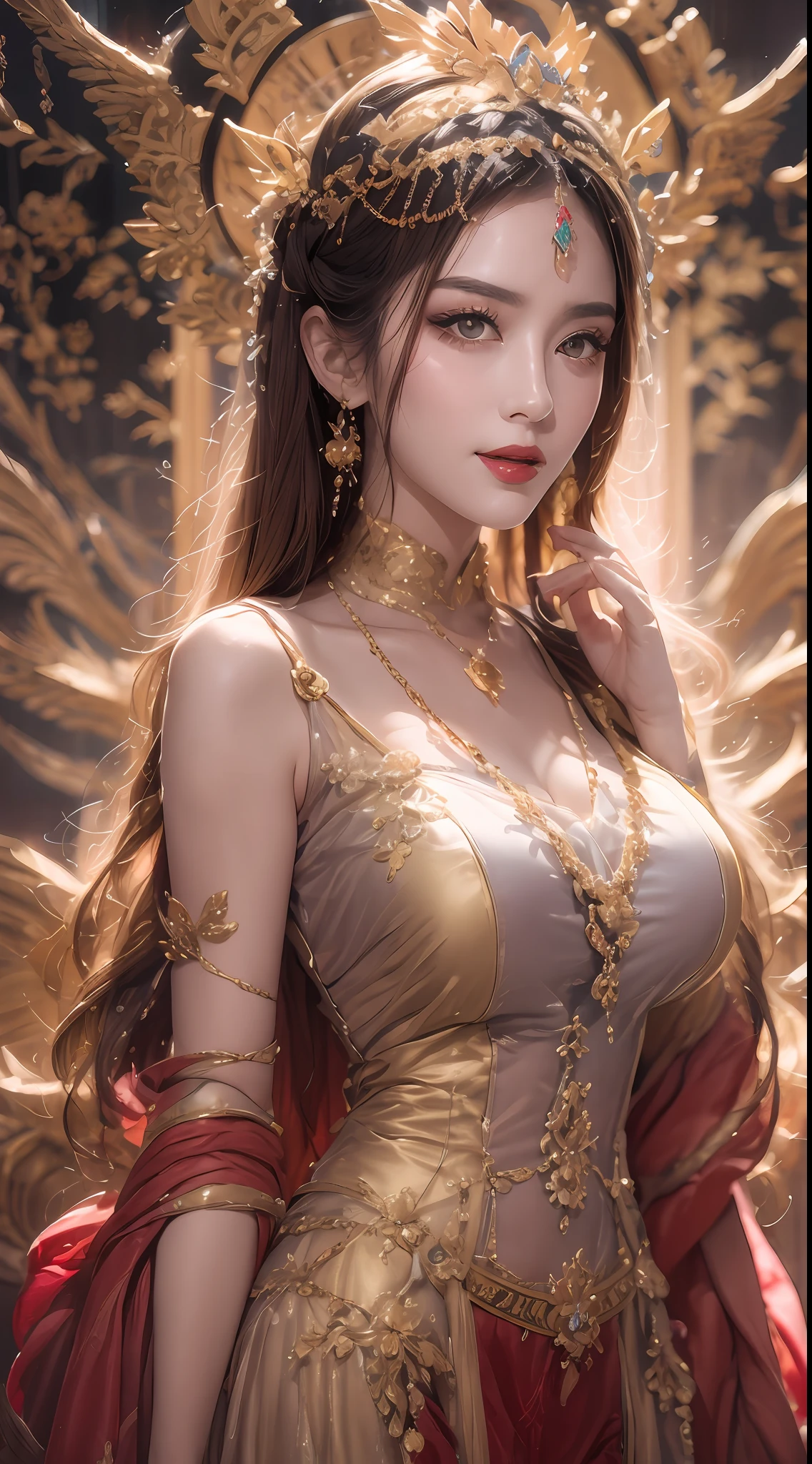 1 beautiful 27-year-old saint, charming adult saint in a long dress made of thin silk, flawless beautiful face, adult, wearing a thin multicolored silk dress, beautiful face without blemishes, (((Natural smile:1.0))), ((flat bangs:0.5)), (((platinum long hair:0.5))), big crown, hair brooch, hanfu dress, fanciful hanfu style, full body jewelry, forehead tattoo, super even chest, beautiful and pretty face, The most beautiful and detailed light red lipstick, ((Thin plump lips:0.3)), ((Golden Eyes color:1.2)), Detailed and delicate lighting effects, light and dark, dramatic lighting, magical light, extremely detailed light, true color, super sharp, realistic, 8k quality, fantasy universe background, saints and magical space, the most detailed images, ((Solo:0.3)), ((a saintess:0.6)), ((looking directly at the saint's upper body:0.4)), upper body, ((smooth skin:0.5)), ((the holy woman's veil:0.6)), ((solo:0.5)), ((alone girl:0.4)), female saint portrait, short images, Upper body portrait, [open mouth], Digital Realistic, ((fanciful red smoke effect:1.2)),