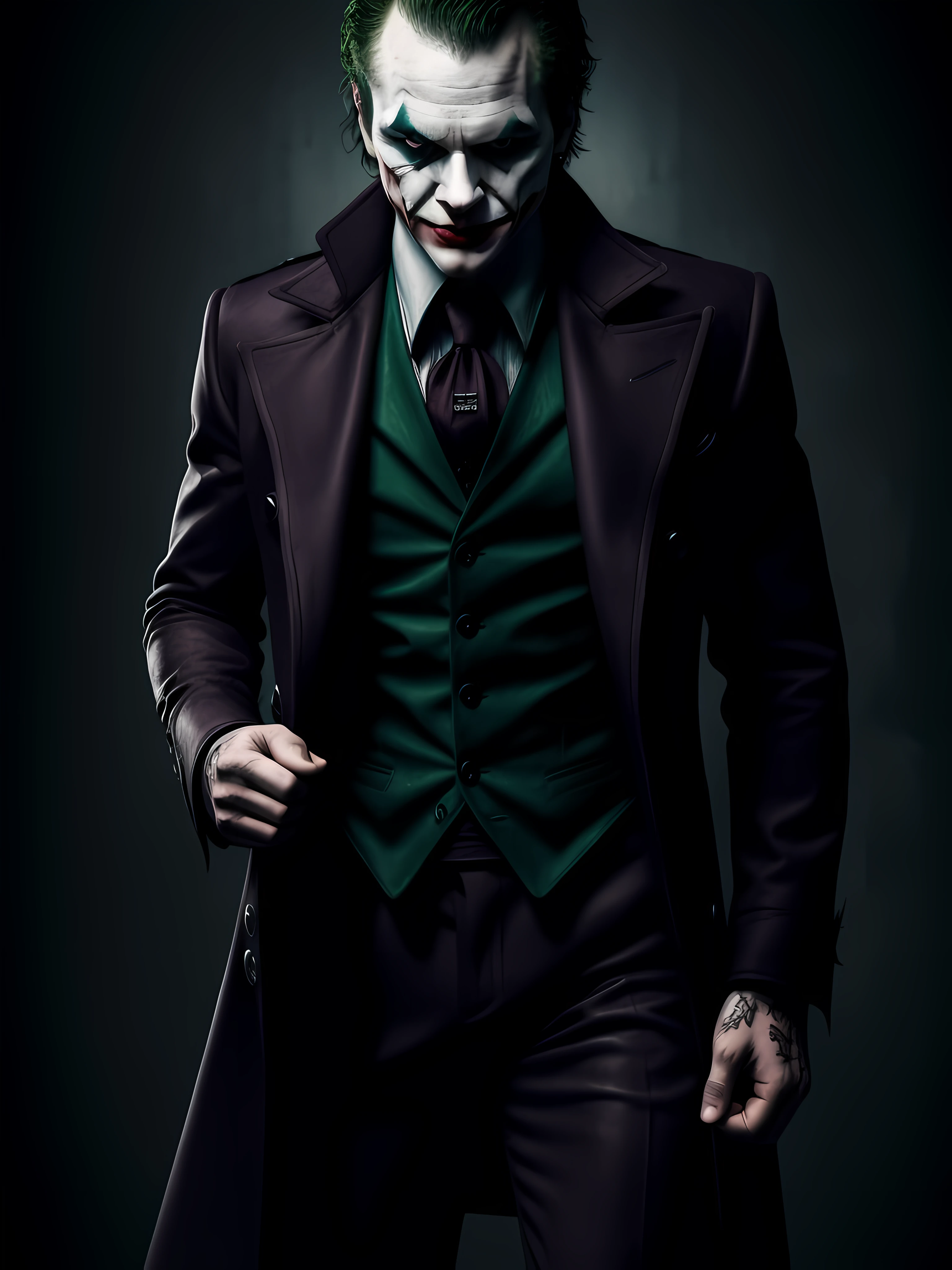 Joker image, dark style clothes, male character, strong physique, , blood circus background, wallpaper style, tabby, detailed image, realistic, faithful to series, cinematic setting, style in dark shadows, realistic, detailed, high quality resolution, dark style