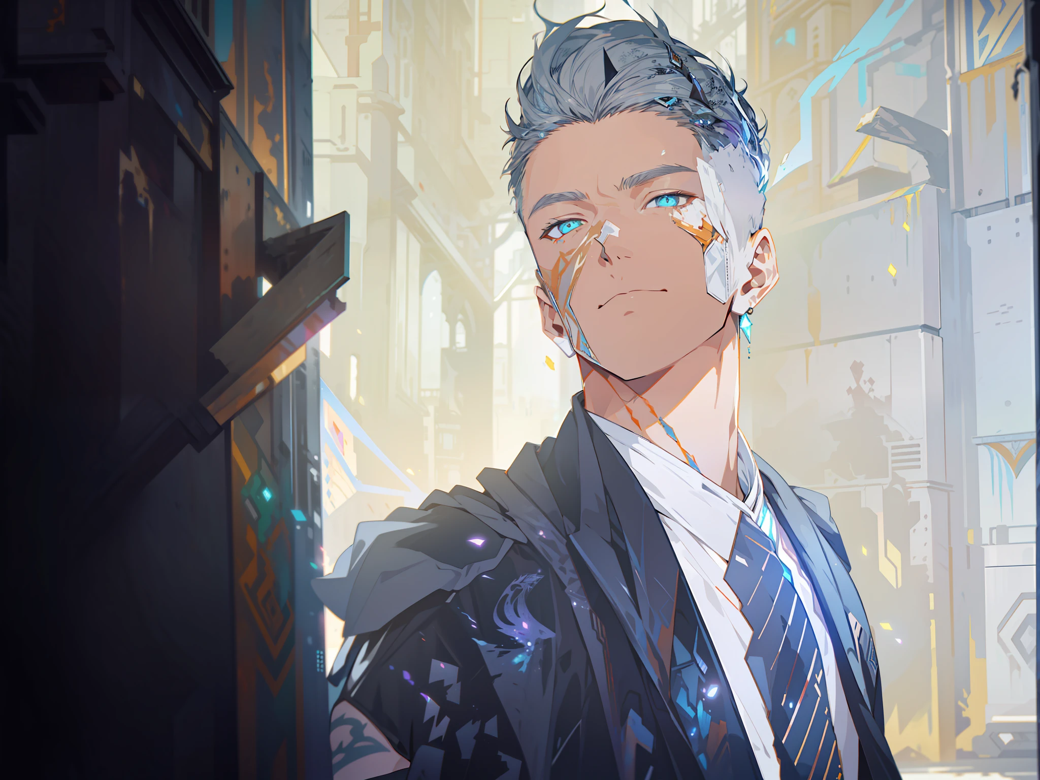 Cyberpunk male, fantasy world, dark background, clean design, epic instagram, artstation, colorful paint splatter, silhouette, hyper detailed intricate details, unreal engine, fantasy, intricate details, splash screen, complementary colors, Fantasy concept art, 8k resolution, deviantart masterpiece, oil painting, heavy strokes, paint dripping, (isolated on white background: 1.3), rainbow skin, (((handsome young man))), ((teenage:1.5) ), (glowing blue eyes), ((light eyes)), ((((short white hair: 1.1))), ((black clothes)), (prince\\(indifferent expression\\),, ( ((Wears high detail luxurious black robe))), white hair, frost magic, ((chest) --v 6