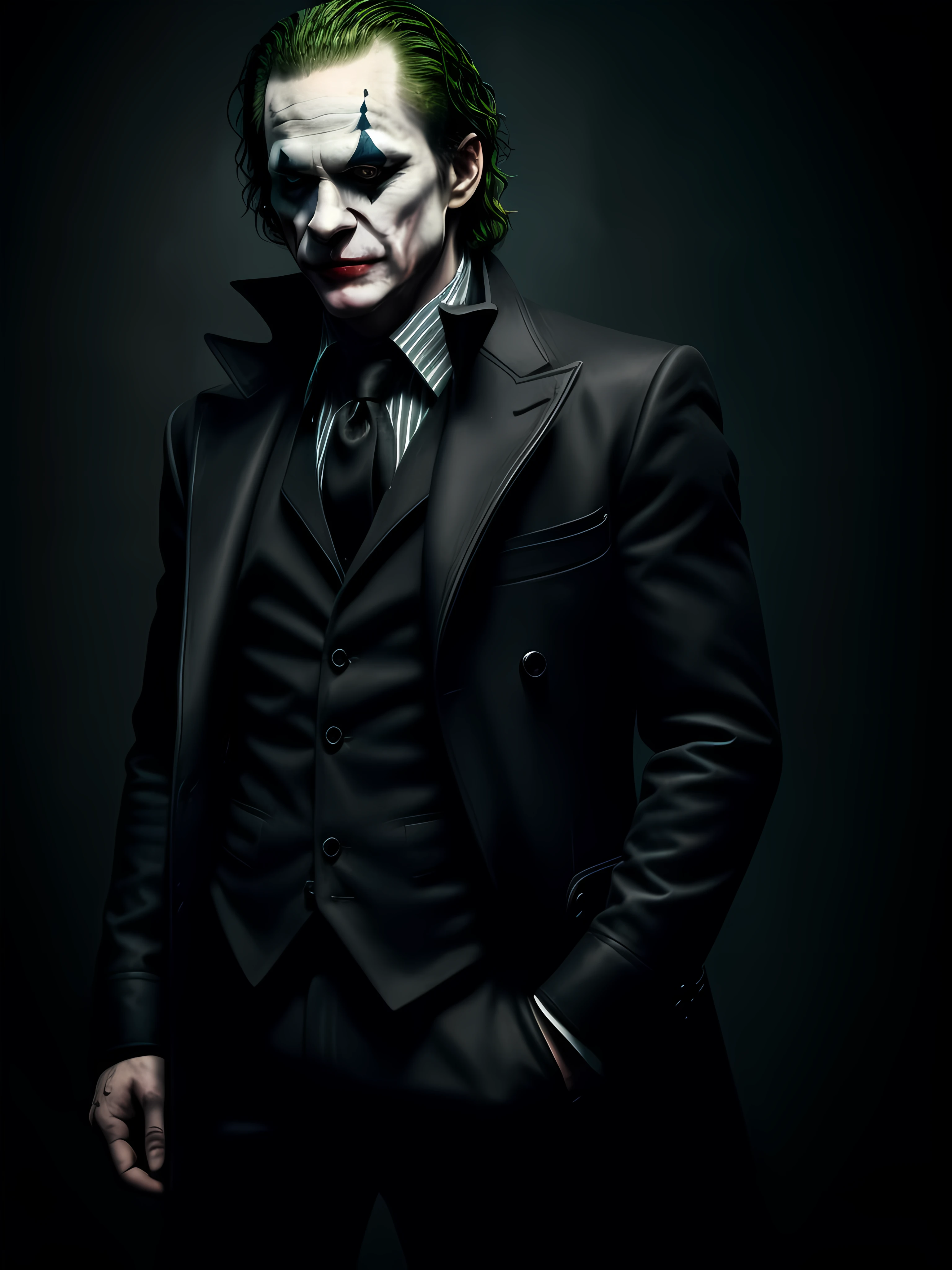 Joker image, dark style clothes, male character, strong physique, , blood circus background, wallpaper style, tabby, detailed image, realistic, faithful to series, cinematic setting, style in dark shadows, realistic, detailed, high quality resolution, dark style