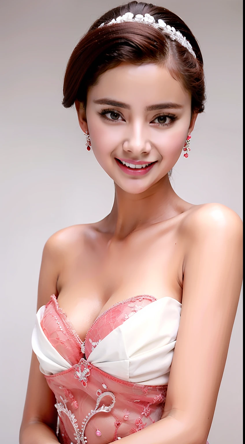 Fashion model 18 years old [[[[closeup cleavage]]]], [[[[boobgasm]]]], [[[[coll]]]], [[[[bshoulders]]]], perfect  eyes, Perfect iris，perfect lips，perfect teeth，Perfect skin，Long face，Soft front light，HDR，red attire，white apparel，White or pink flowers on the background，（pastel colour：1.2）