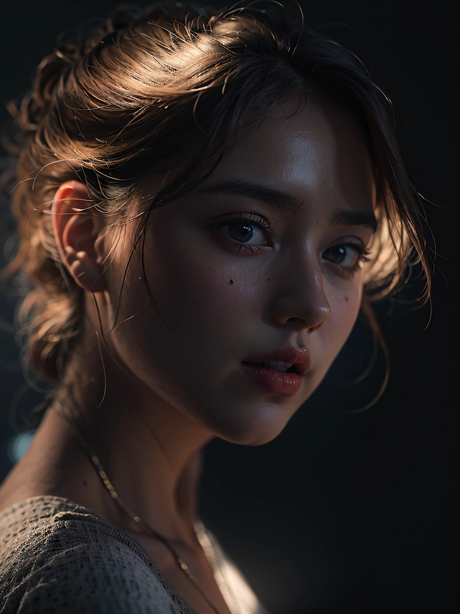 Best quality, masterpiece, ultra high res, (photorealistic:1.4), raw photo, 1girl, offshoulder, in the dark, deep shadow, low key, cold light