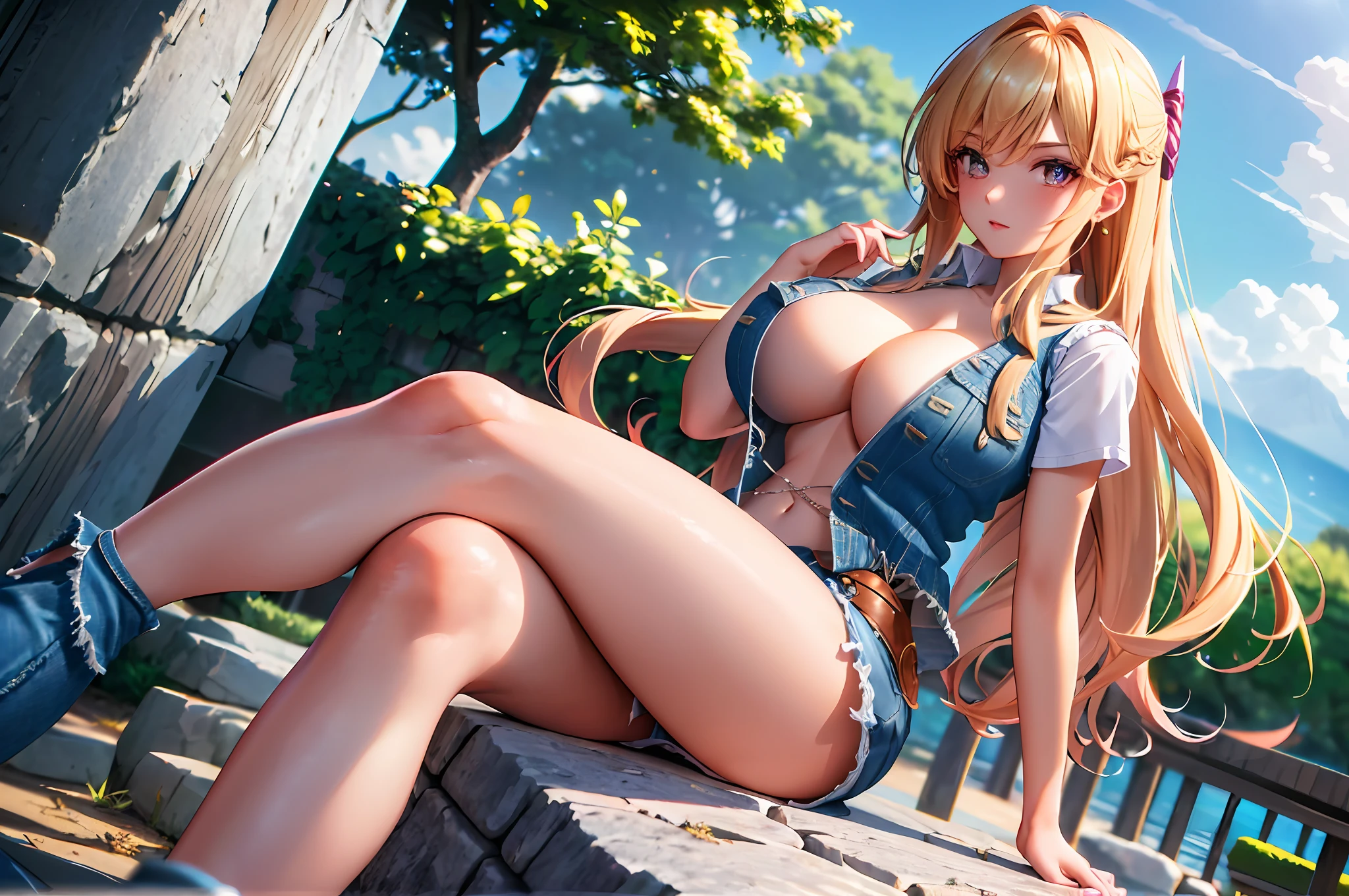 (tmasterpiece:1.4,best qualtiy),(Complicated details),Unity 8k壁纸,((hyper HD, retinas, Masterpiece, ccurate, Anatomically correct, Textured skin, Super detail, High details, High quality, A high resolution, Best quality, Award-Awarded, 16k)),ultra - detailed,Long wavy,curled,Long waves,Long blonde hair,Purple pupils,((gigantic cleavage breasts)),(Denim vests do not wear underwear,Expose your chest,exposing your navel:1.5),(Super short skirt:1.5),sitting on the stone,The scenery behind you is beautiful,Wide crotch,The photo contains the upper body and thighs,ellegance,womanly,carismatic,Red Jewel,Blush Eyeshadow,Pure desire,((Legs crossed)), Dynamic angles and poses,Dutch angle