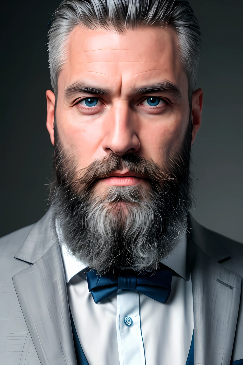 RAW photo, portrait of a man with a beard in a grey suite, full sharp, detailed face, blue eyes, (high detailed skin:1.2), 8k, uhd, dslr, soft lighting, high quality, film grain, Fujifilm XT3