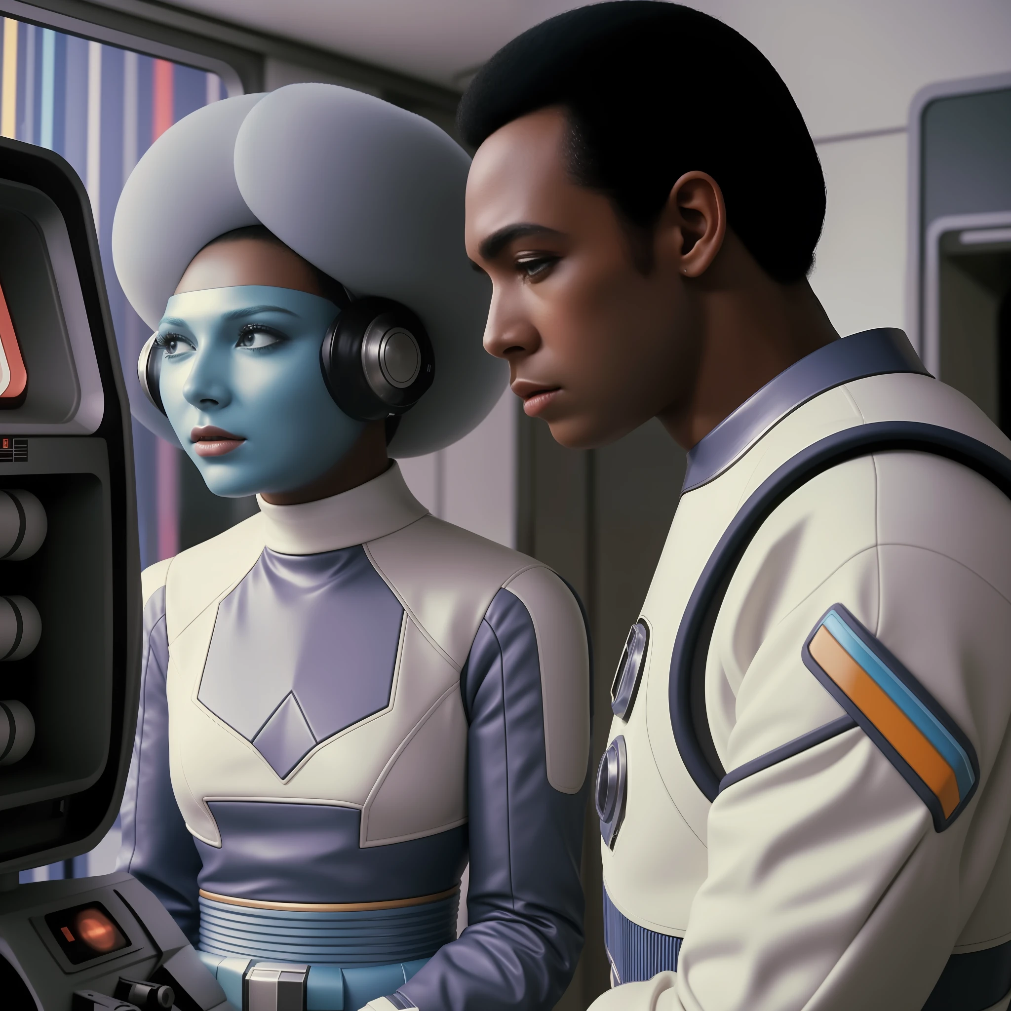 4k image from a 1970s science fiction film, Imagem do filme de Stanley Kubrick, pastels colors, people wearing retro-futuristic fashion clothes and futuristic technological ornaments and devices, luz natural, cinemactic, Psicodelia, retro-futurista, photo-realistic, pele de cera, olhos perfeitos, perfect hands, cabelo perfeito, ricos detalhes do rosto, hiper detalhado, hyper realistic, textura real da pele, texturas de tecido real, Sharp background details, sharp render.