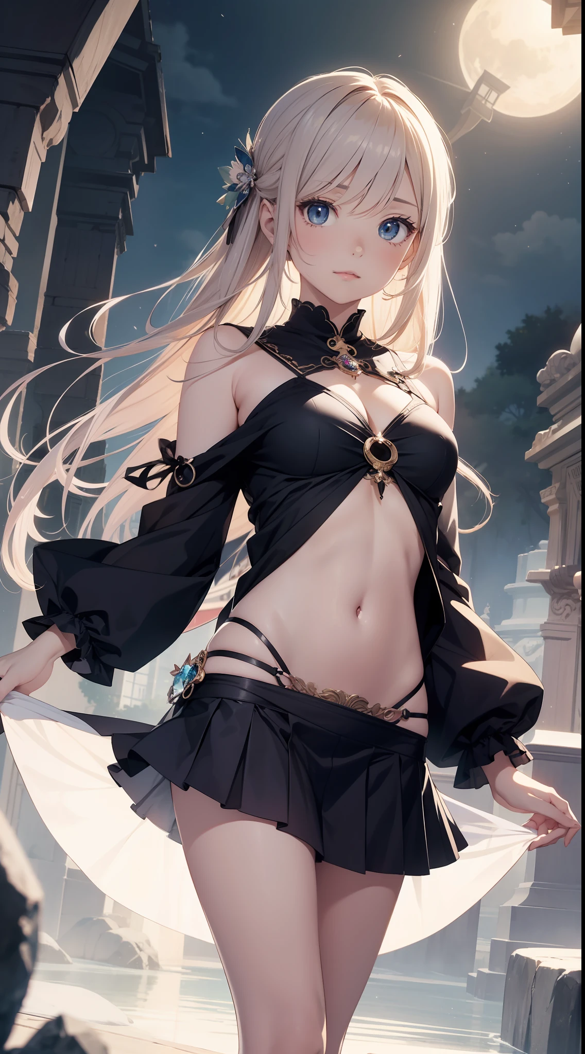 Masterpiece、hightquality、fortune teller、1girl in、Cute anime illustration、a miniskirt、Navel out、Mysterious atmosphere、Crystal jade、