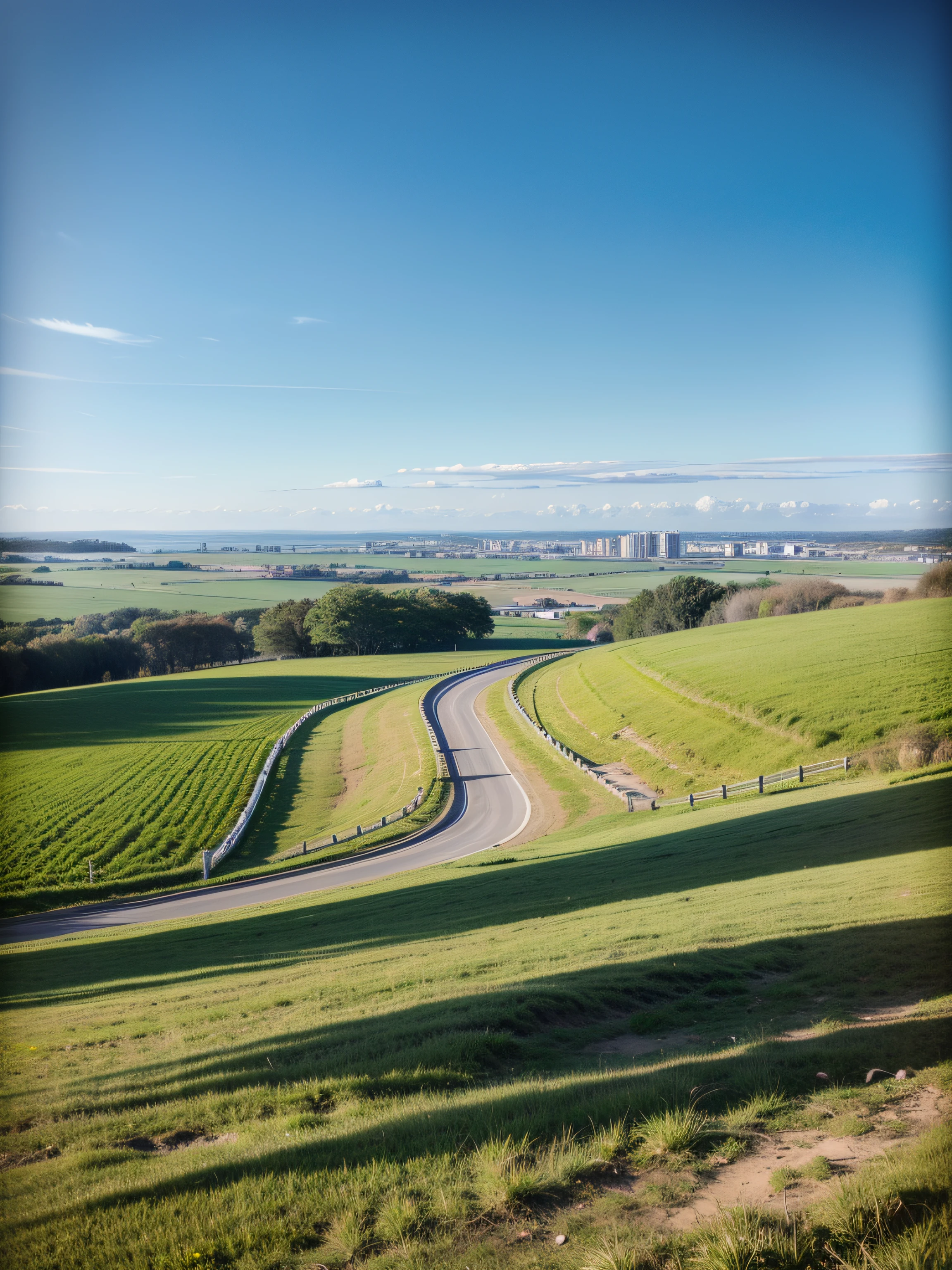 top-quality、a picture、(Photorealsitic:1.4)、(hyper realisitic:1.4)、(Cinematic:1.5)、1 photo、Long, winding road, grass field、You can see the big city and the sea in the distance、blue-sky、motor car、