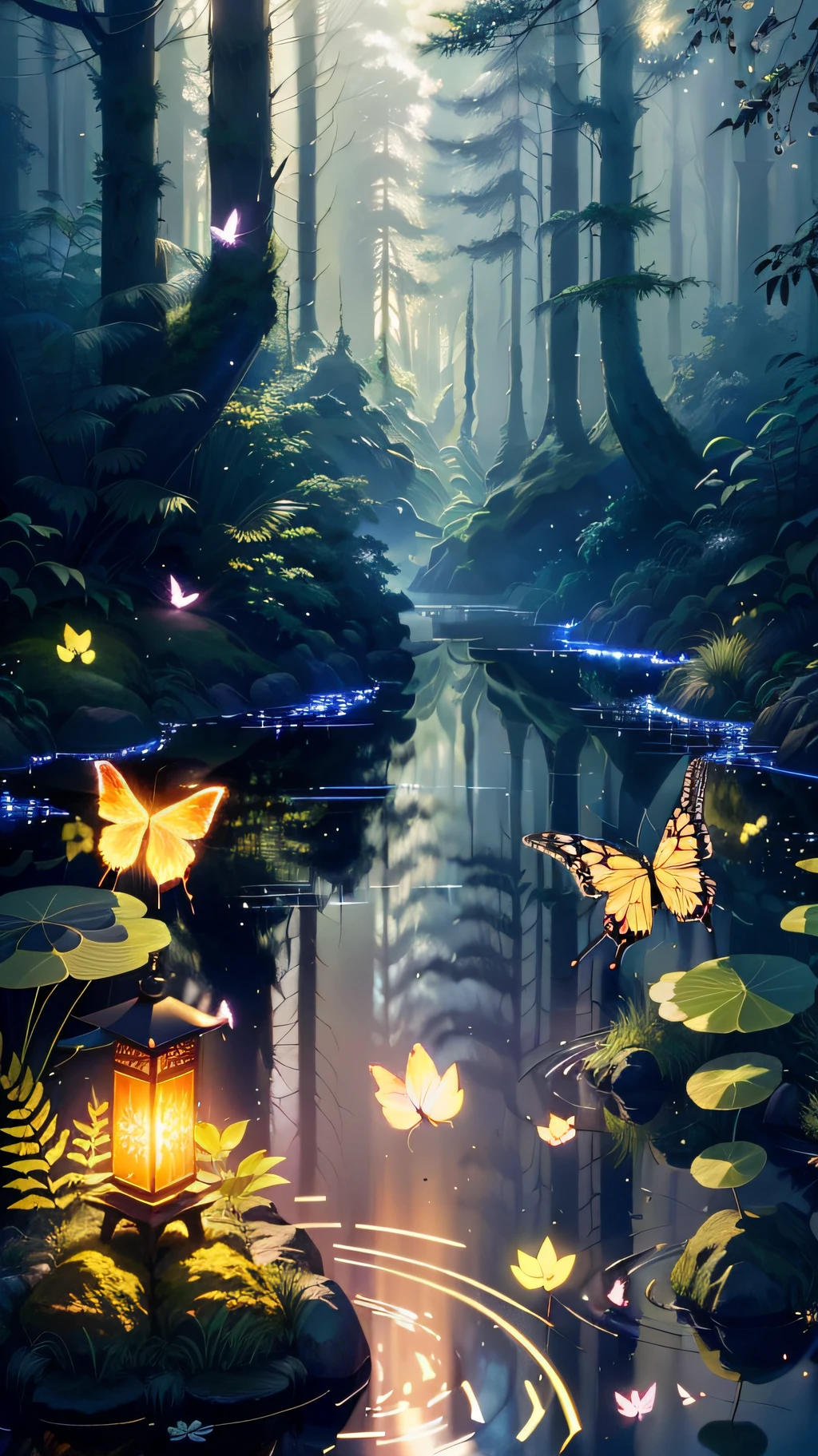 tmasterpiece，Best quality at best，Extremely beautiful reflection，The best reflections。（Very detailed CG unity 8k wallpaper），（Best quality at best），（The best illustrations），（The best shadow），Forest theme with natural elements。Tall trees，quiet streams，Glowing small mushrooms，surrounded by exquisite leaves and branches，There are also fireflies and glowing particle effects，，（nature elements），（Jungle theme），（foliage），（tree branch），（glowworm），butterflys，（exquisite leaves），（with light glowing），（particle effect）。 , isometric 3D, Octane rendering, Ray traching, ultra-detailliert，There was light rain in the sky，light wind