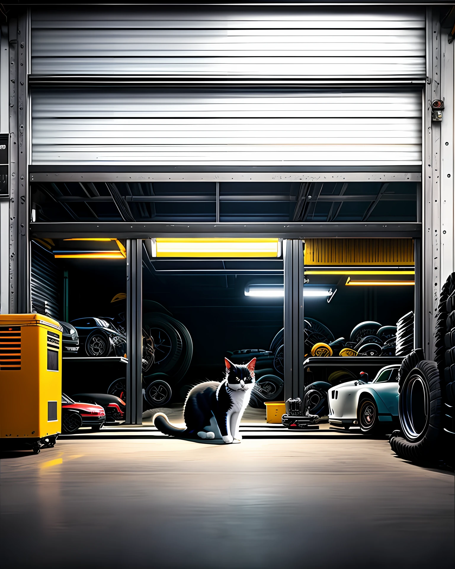 Cat's, black border, car garage，Black light scene，Audi cars in the repair shop，“wide shot，very wide angle shot，auto photography，Ultra photo realsisim，Hyper-realistic"，Oil，tires，wrench，car commercial photograph，ultra-realistic realism