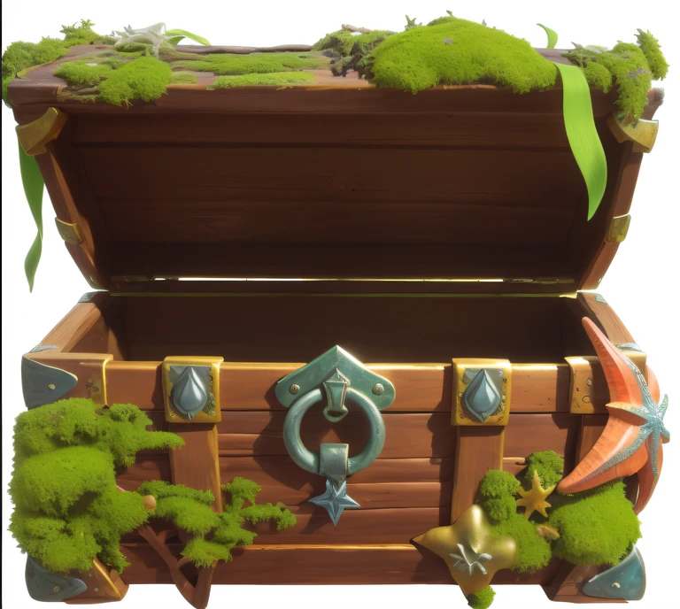 A treasure chest,Wood material,True metal bezel,moss covered,Starfish climb on treasure chests,Seagrass is dripping,game assets,high high quality,