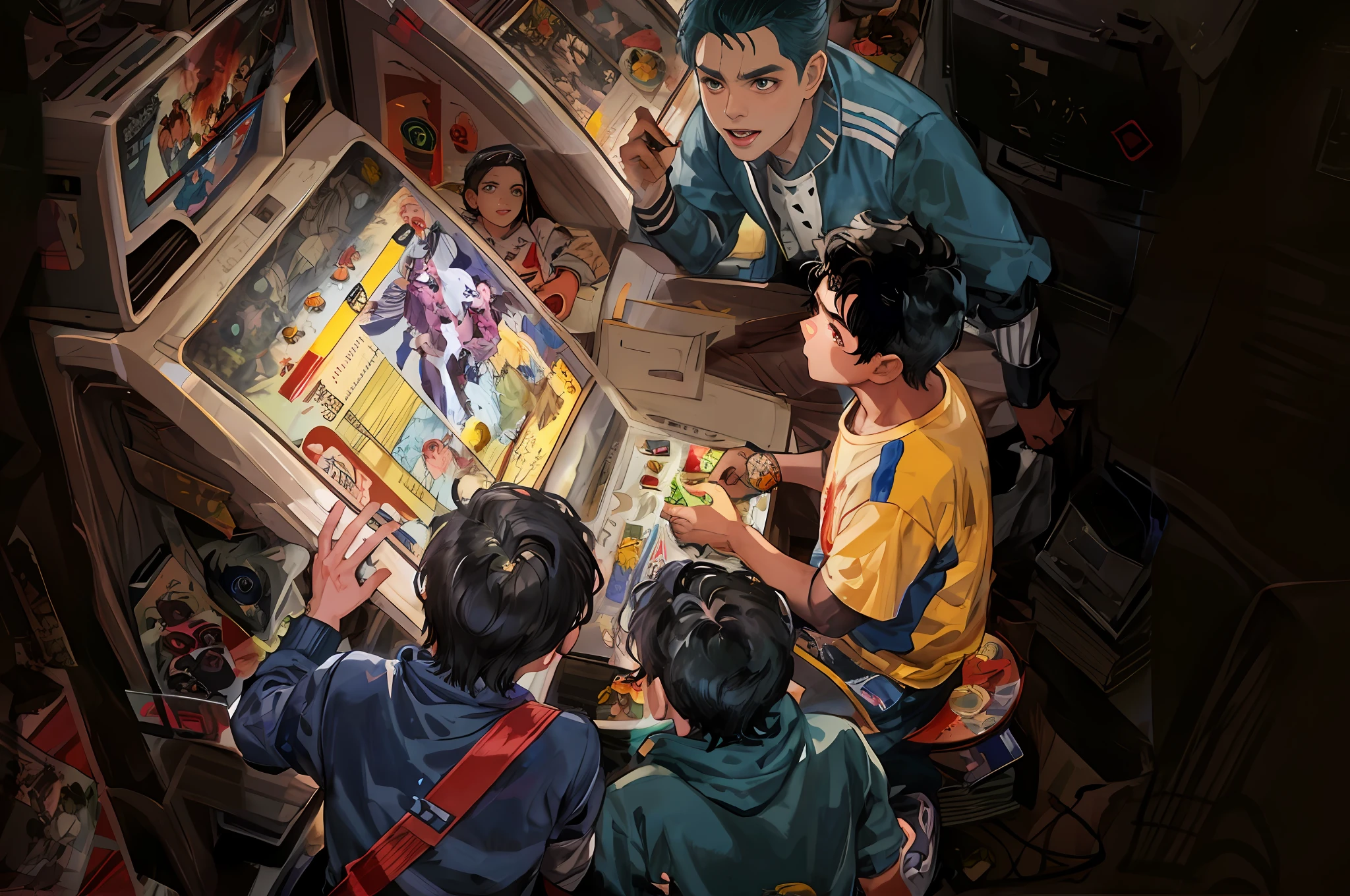 There are two boys playing video games at a small table, Fan art, rob rey and kentaro miura style, inspired by Rudy Siswanto, Game illustration, inspired by Liam Wong, gta chinatowon art style, jc leyendecker and sachin teng, a busy arcade, Playing games, hirohiko araki artwork, rpg game art