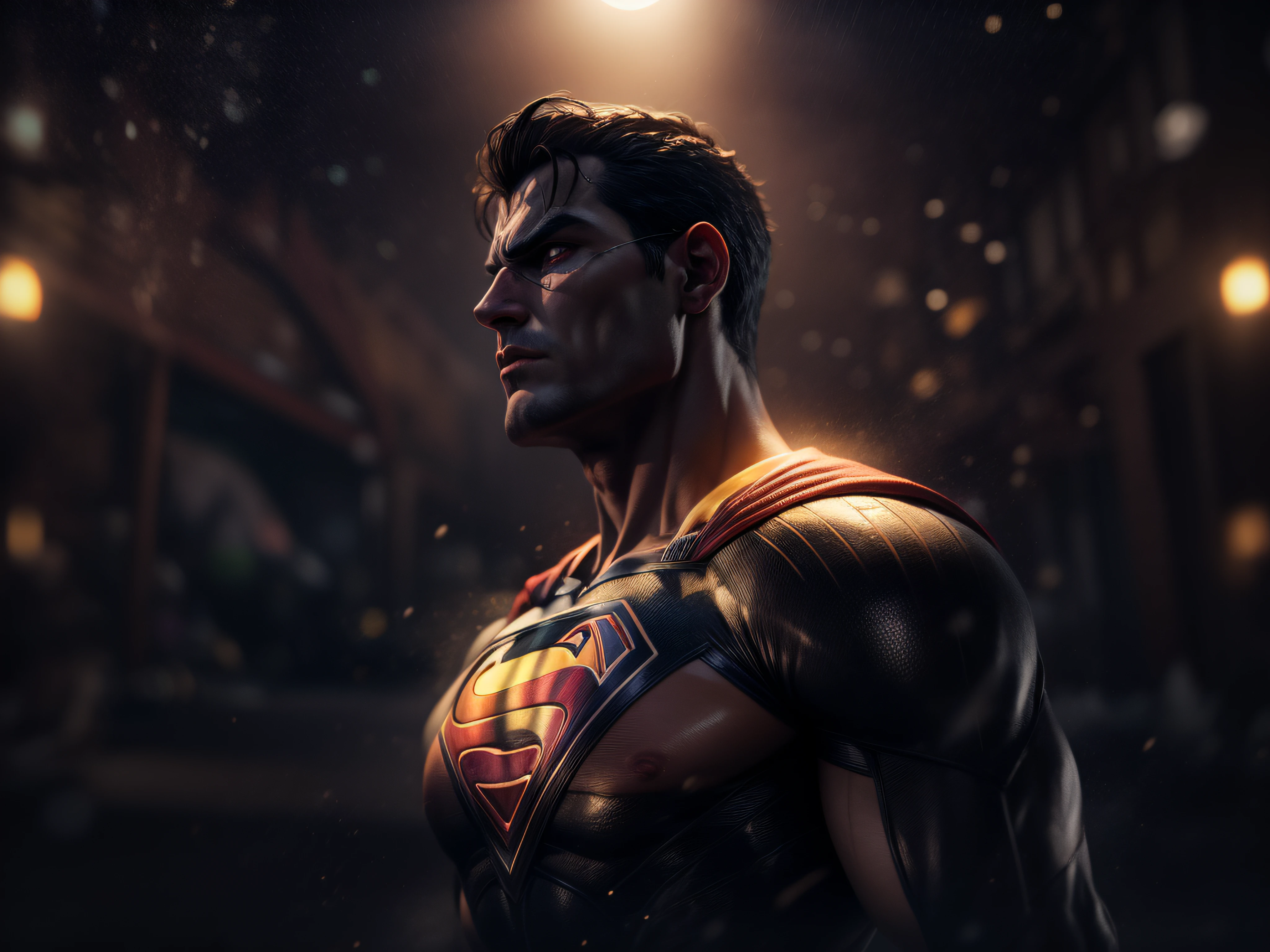 Close a powerful threat, The imposing appearance of the powerful Superman dressed in black and gold uniform, menacing stare, ricamente detalhado, Hiper realista, 3D-rendering, obra-prima, NVIDIA, RTX, ray-traced, Bokeh, Night sky with a huge and beautiful full moon, estrelas brilhando, 8k,