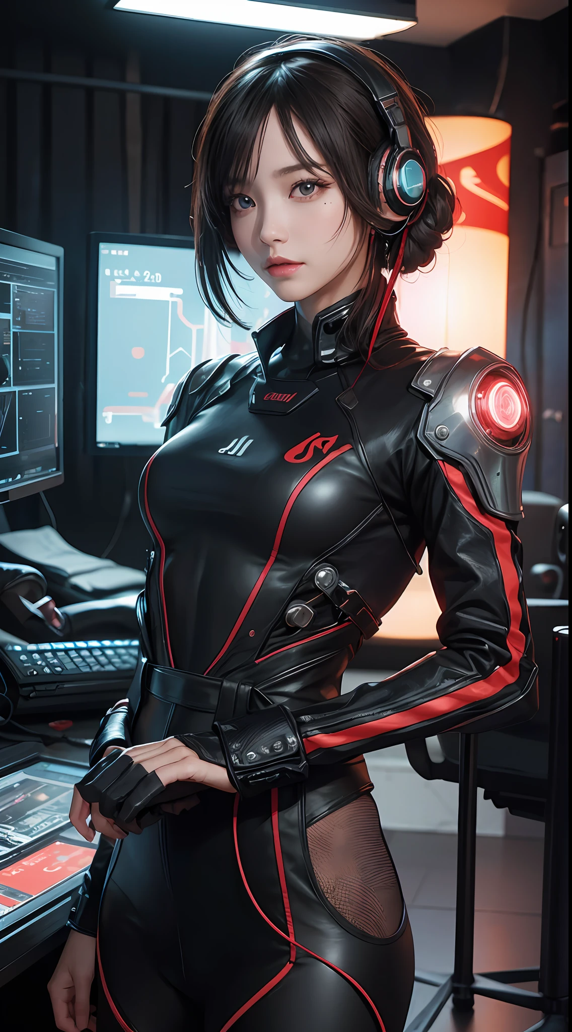​masterpiece, 1 beautiful girl, Detailed eye, Swollen eyes, top-quality, 超A high resolution, (reality: 1.4), 电影灯光, japanes, a asian beauty, very extremely beautiful, Beautiful skins, A slender, Forward-facing body, (A hyper-realistic), (hight resolution), (8K), (ighly detailed), ( Best Illustration), (beautifully detailed eyes), (ultra-detailliert), 详细的脸, Bright lighting, Professional Lighting、The background is a cyberpunk room with a large number of monitors.、The cord is connected from the costume、Hair color is red、headset on head、small tattoo on face、Female Game Commentator、Facing straight ahead、short-hair、