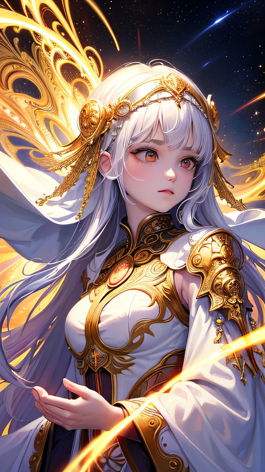 (masterpiece, top quality, best quality, official art, beautiful and aesthetic:1.2), (1girl), extreme detailed, (fractal art:1.3), colorful, highest detailed, perfect face, upper body, HDR, (praying:1.3), (white cloak golden lines:1.2), galaxy, (light streaks), striking visuals, (dynamic streaks, luminous trails:1.2), vibrant colors,