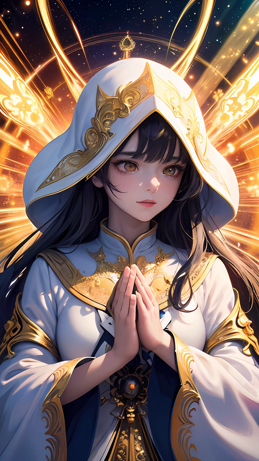 (masterpiece, top quality, best quality, official art, beautiful and aesthetic:1.2), (1girl), extreme detailed, (fractal art:1.3), colorful, highest detailed, perfect face, upper body, HDR, (praying:1.3), (white cloak golden lines:1.2), galaxy, (light streaks), striking visuals, (dynamic streaks, luminous trails:1.2), vibrant colors,