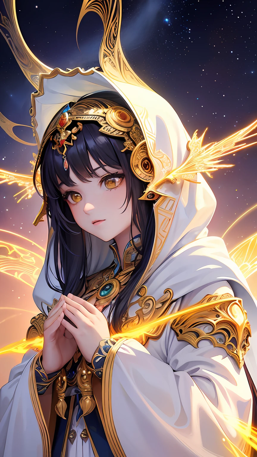 (masterpiece, top quality, best quality, official art, beautiful and aesthetic:1.2), (1girl), extreme detailed, (fractal art:1.3), colorful, highest detailed, perfect face, upper body, HDR, (praying:1.3), (white cloak golden lines:1.2), galaxy, (light streaks), striking visuals, (dynamic streaks, luminous trails:1.2), vibrant colors,