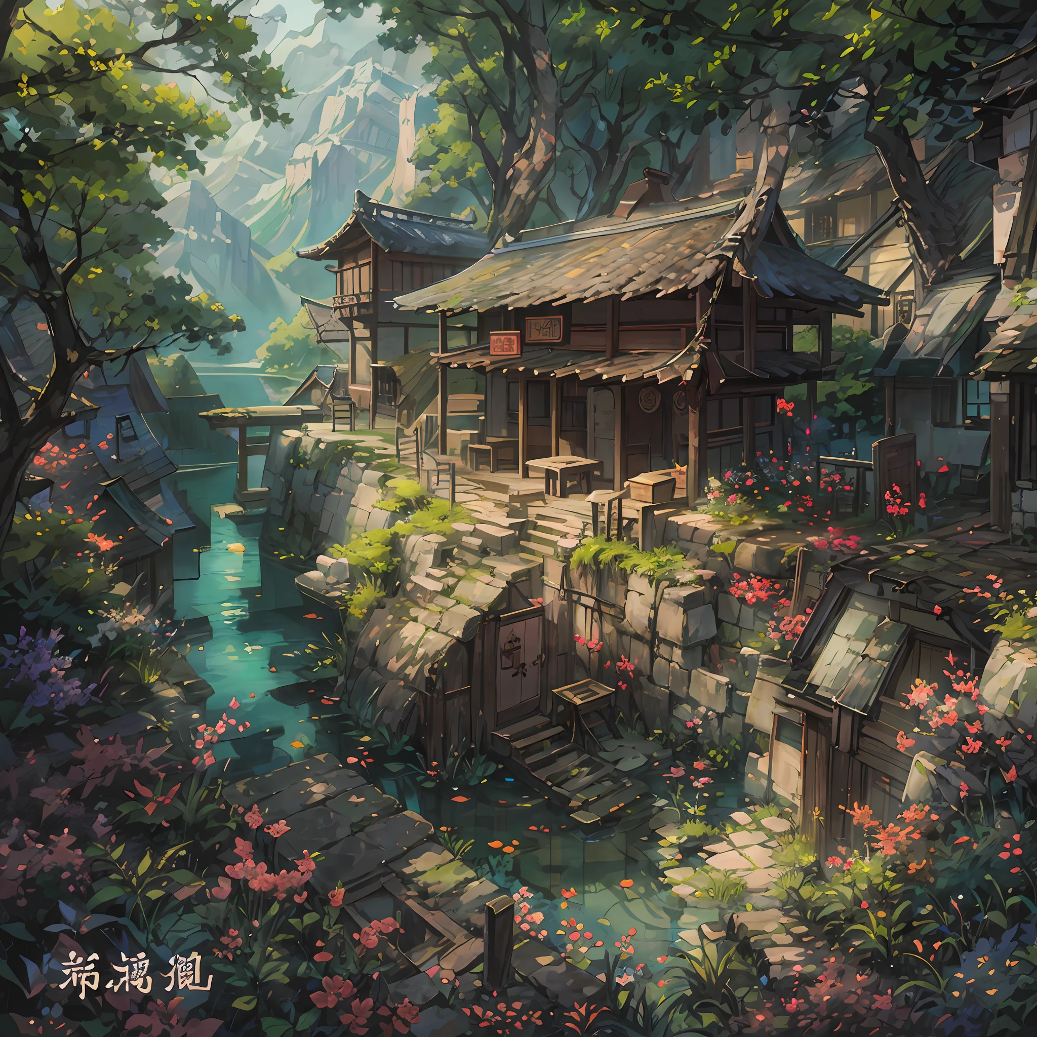 Chinese Antiquity、thatched hut、springtime、jungles、lakes、hole in the mountains、waterfallr，The tree、grassy fields、Rochas、hot onsen、hydrosphere、（illustratio：1.0）、Epic composition、Realistic lighting、high definition detail、tmasterpiece、Best quality，（非常详细的 CG 统一 8k 壁纸）