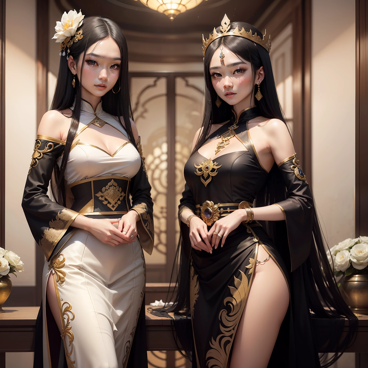 Gemini is a legend,Known for its extraordinary beauty。According to tradition,She is said to have a fair complexion、Long black hair and charming dark eyes。She is often depicted wearing traditional Javanese clothing,These included a long kebaya shirt and a skirt that hung elegantly over her。Gemini's appearance is often compared to a goddess,It has delicate facial features and a palatial presence,Immediately respected。Her beauty is well known all over Indonesia,It has inspired countless works of art over the centuries。 hoang lap,A high resolution,ultra - detailed,