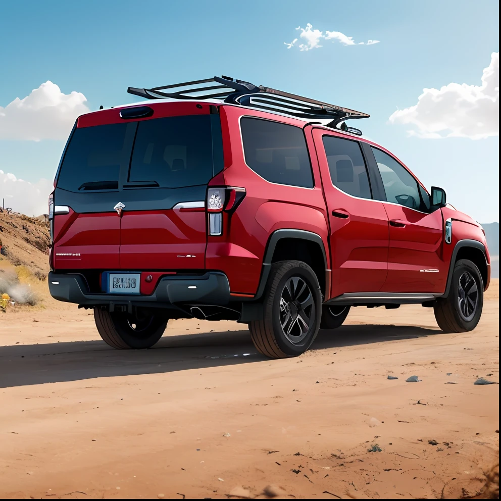 A closeup of a truck with a bike rack in the rear, com rack de teto, trending on vehicle design, dominance, corpo inteiro, corpo inteiro, 4l, gm, desporto, ๐น๏ธ ๐ ๐ซ ๐ค ๐ฌ, Detalhe poderoso, Album art, new vehicle, extremamente intrincado, vehicle, Directed by: Karl Vรถlker