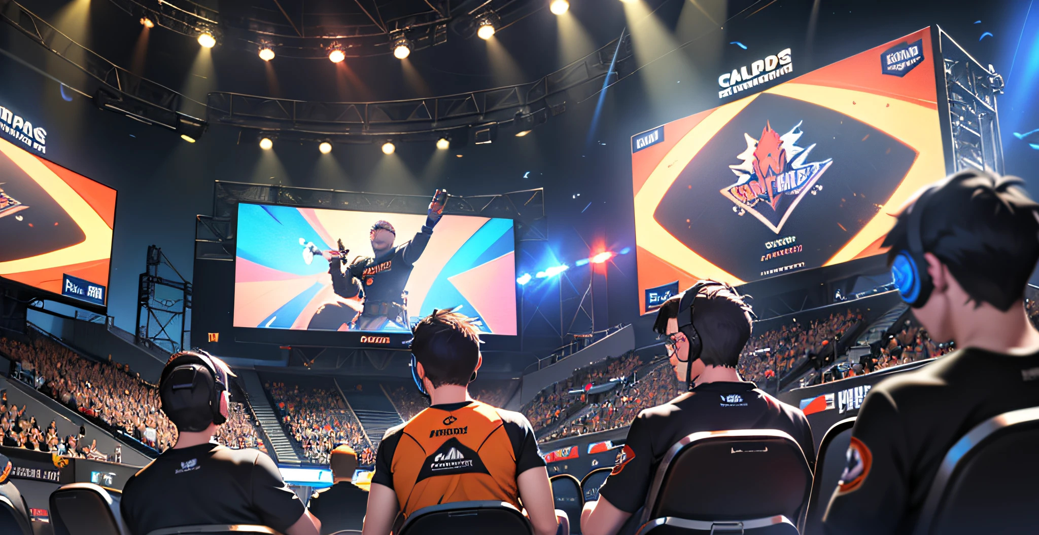 A group of people are playing esports competitions,Futuristic tech style,Wearing a headset,In the stadium,The background has a large audience,The audience was cheering,There's a big screen in the center,The big screen shows the red logo "CSGO"