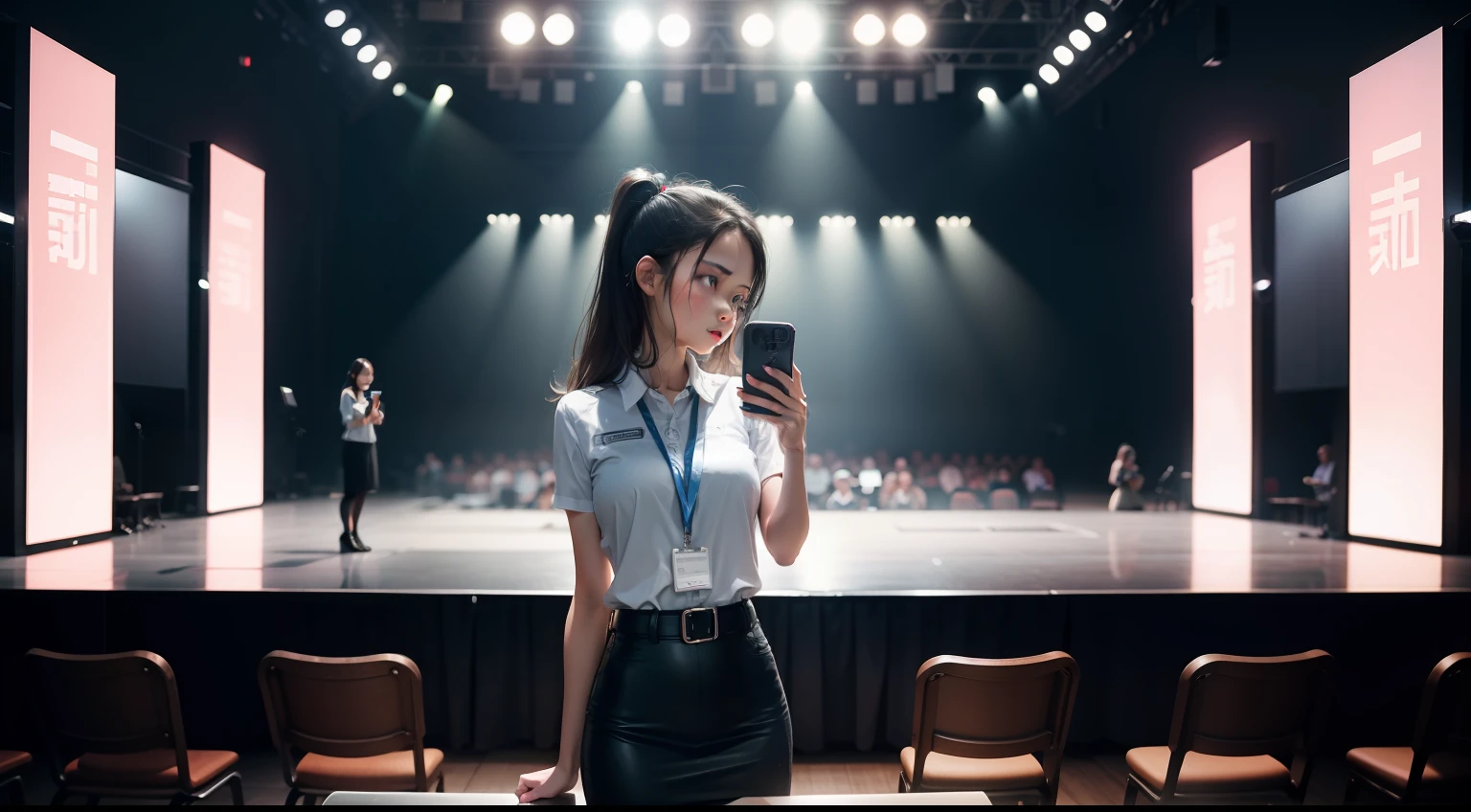 Conference，cellular phone，one-girl，Stand on stage，holding cell phone，
