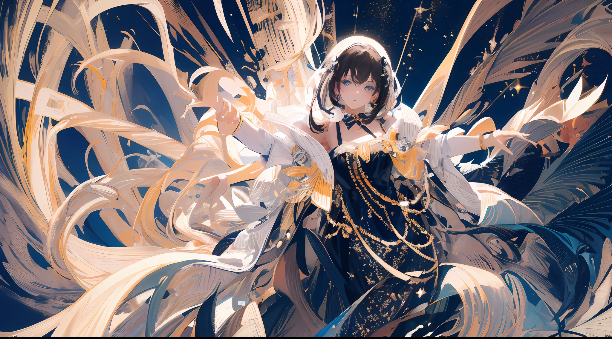 ((Masterpiece, Superb, Super Detailed, High Resolution)), solo, beautiful girl, sparkling eyes, perfect eyes, 15 years old, black and white gold theme,