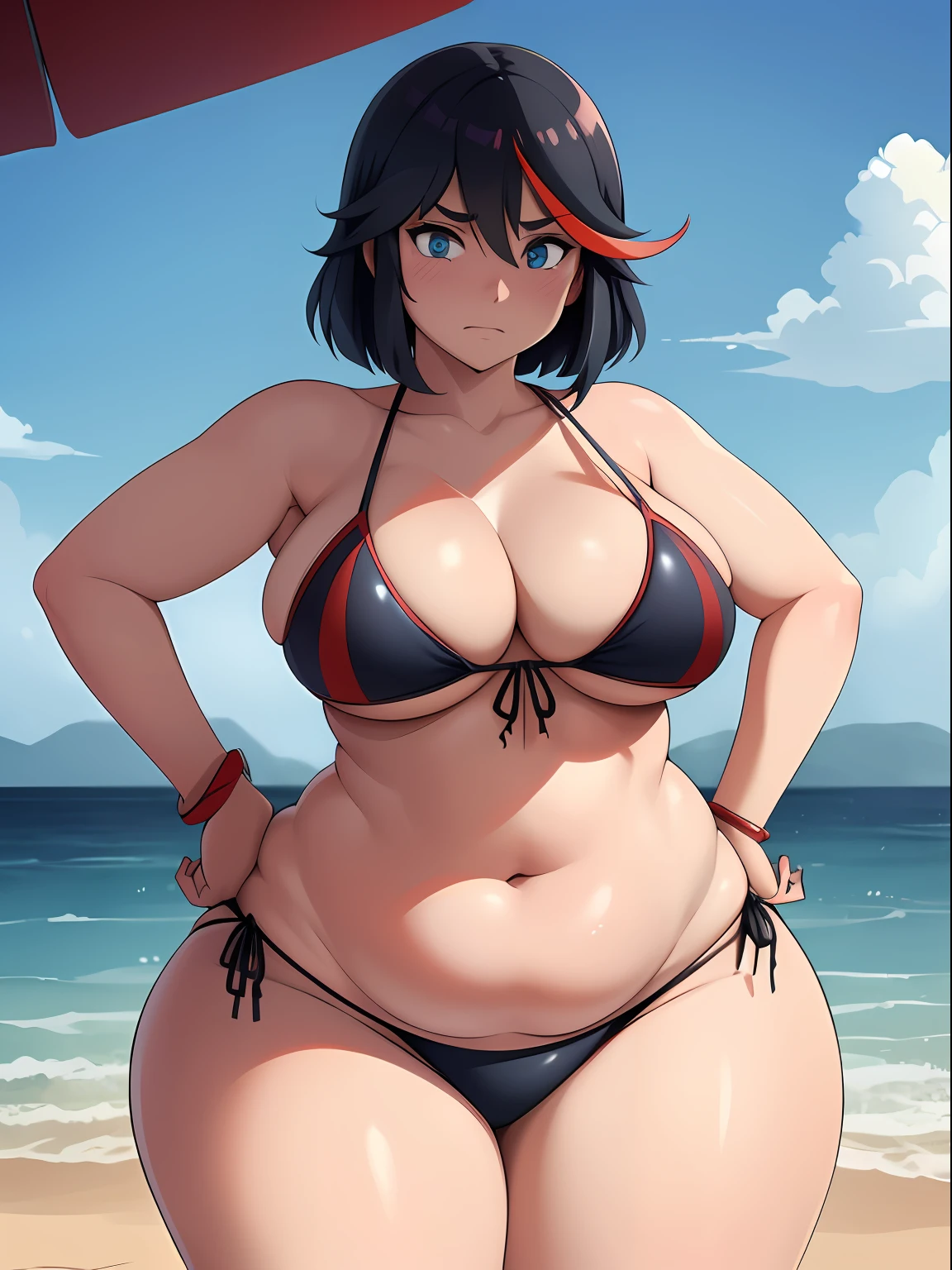 ((kipteitei)), ((masterpiece)), (((best quality))), ((ultra-detailed)), (((illustration))), detailed face, ultra cute face, detailed body, ((Line art)), (in the style of cell shaded), (vivid colors), skindentation, ((1girl)), ((solo)), matoi ryuuko, side tie bikini, undersized bikini, hand on hip, looking at viewer, cowboy shot, blushing, embarrassed, standing on beach, medium breasts, perky breasts, ((wide hips)), (((thick thighs))), thicc, ((fat ass)), ((chubby)), (fat folds),