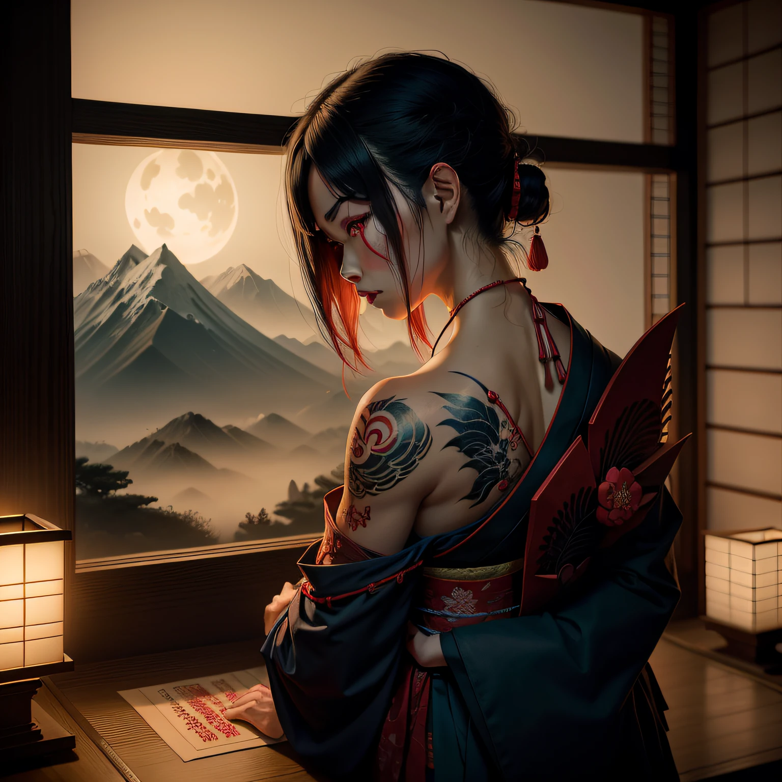 Dimly lit Japanese-style room，Old Japanese style，kabuki，woman，Can mask，Heteropupil，bleed，slaughter，Tattooed with，Rope art，high-definition picture quality，Controlled knives，Mountain and Sea Sutra，highly rendered