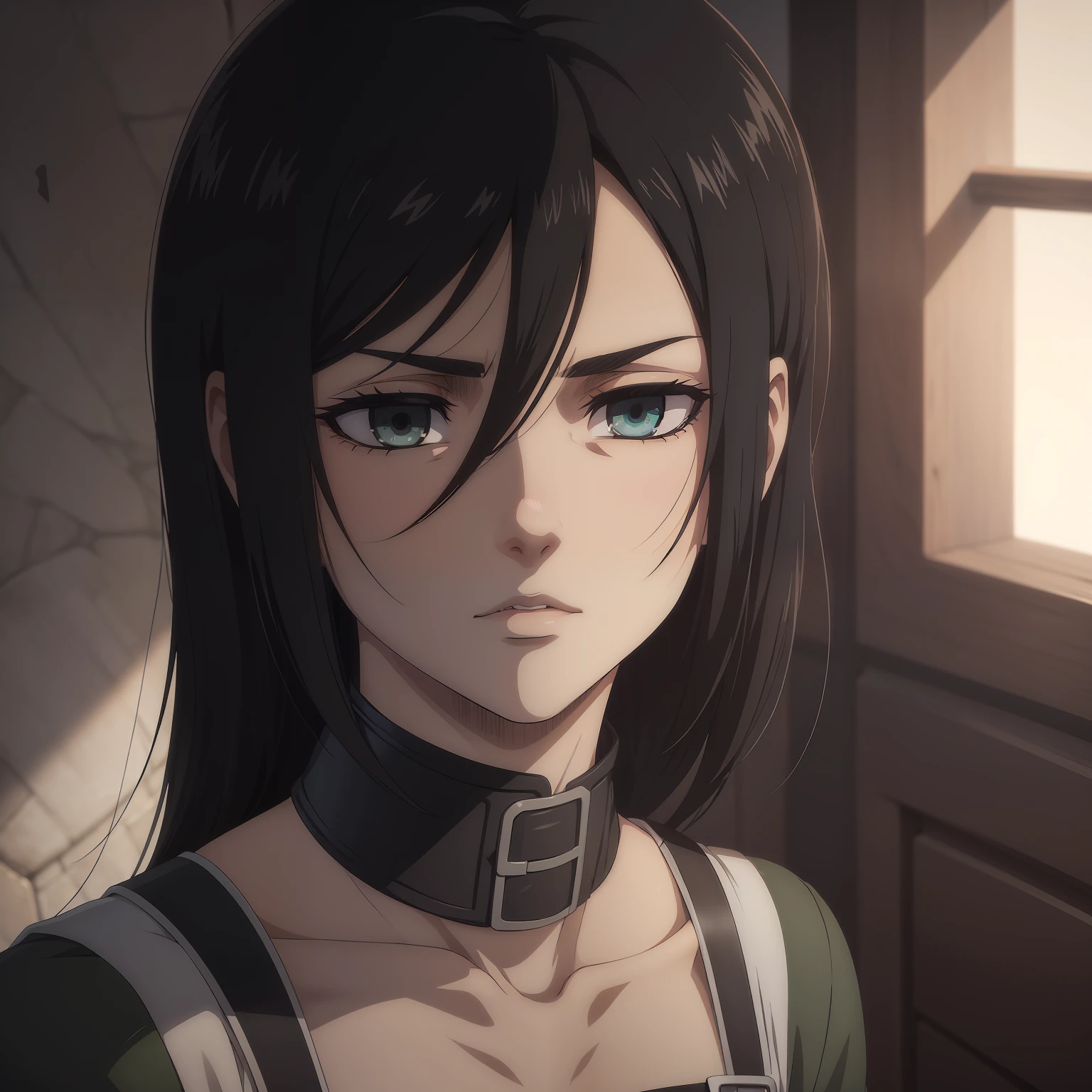 Mujer, Mikasa Ackerman, piel blanca porcelana, Corte de pelo ancho, (cabello negro: 1.3), scowling, patillas, flequillo negro con cabello negro en la frente, Pelo muy largo, cabello largo y negro y ojos, camisa de lino blanca, Legion of Reconnaissance uniform, pantalones negros, correa para muslo, camisa de lino blanca, tiene ojos afilados y una nariz respingada, collar negro, pechos medianos, cuerpo tonificadosolamente, flequillo negro con cabello negro en la frente, pelo muy corto, Short black hair and green blue eyes in a black shirt, has Asian eyes and a upturned nose, collar negro, solamente, labios, solamente, obra maestra, Plano medio, retrato, Altamente detallado, mejor calidad, Dramatic lighting