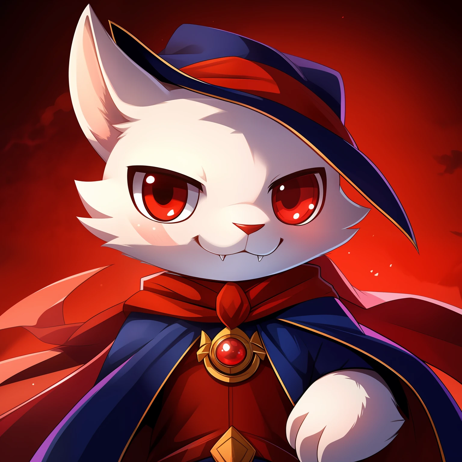 a small rabbit of white color and soft fur. Tiene grandes ojos rojos brillantes que resaltan en contraste con su pelaje. Their fangs are small but sharp, y su sonrisa ligeramente inquietante le da un toque misterioso. Viste un elegante chaleco negro con detalles en rojo oscuro, and a cape of the same color that gives it a vampiric appearance. A pesar de su apariencia tenebrosa, still maintains his tender charm and friendly personality.