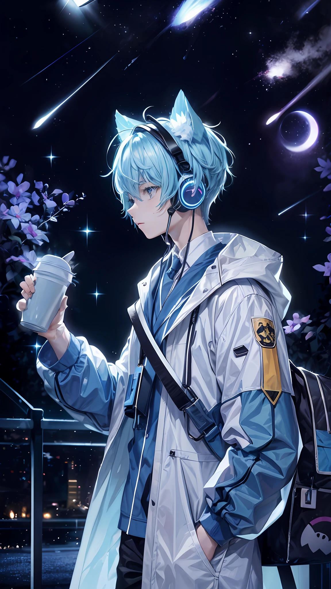 Handsome teenager，Coffee cup in hand，Pale light blue hair，With black headphones