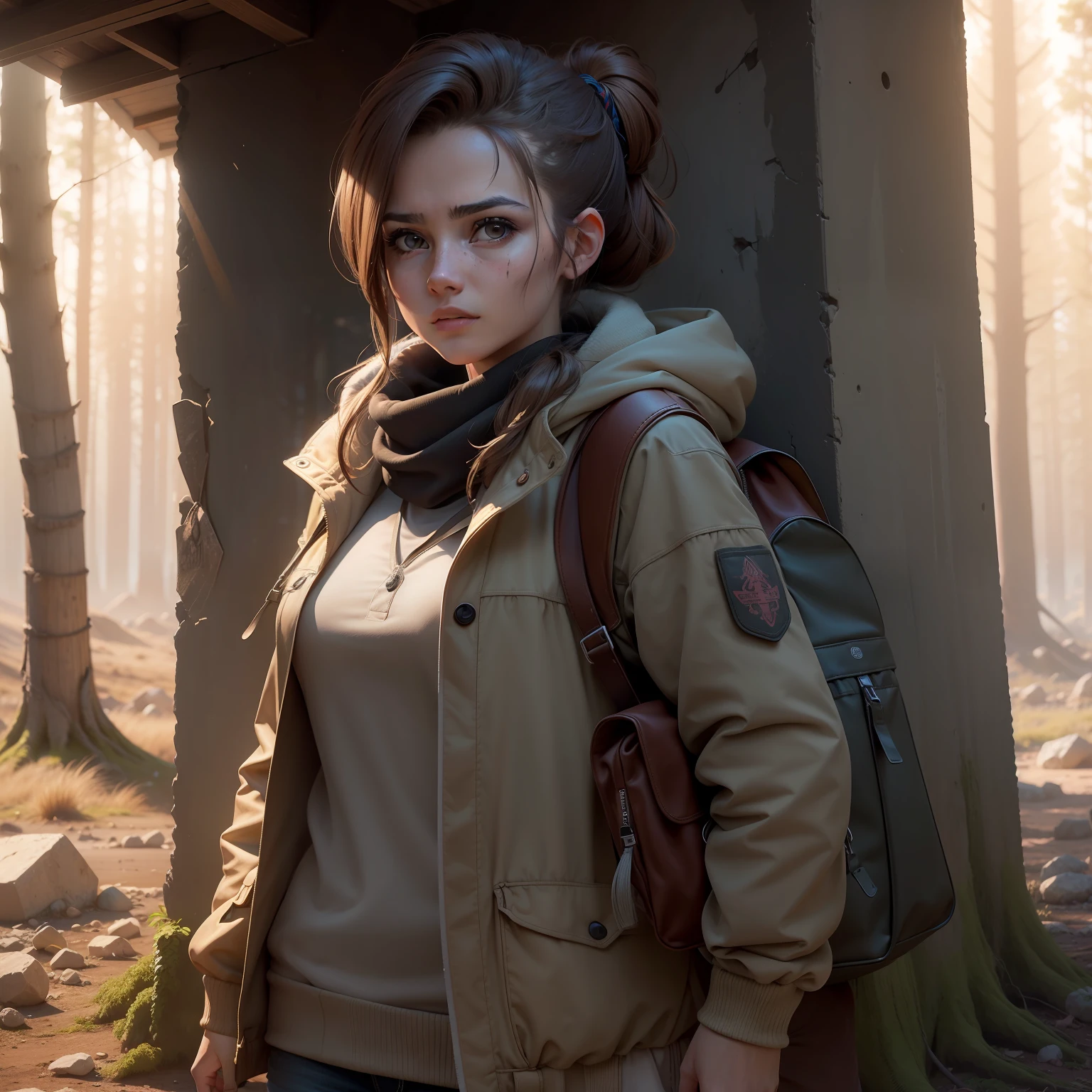 ((mejor calidad)), ((obra maestra)), (muy detallado: 1.3), ..3d, Estilo cartoon, A 20-year-old woman survivor of a zombie apocalypse in a high-contrast post-pocalyptic exterior scene, con pelo de doble ponytail, en un bosque en invierno, con ropa de invierno, con mochila de senderismo, Light brown hair
