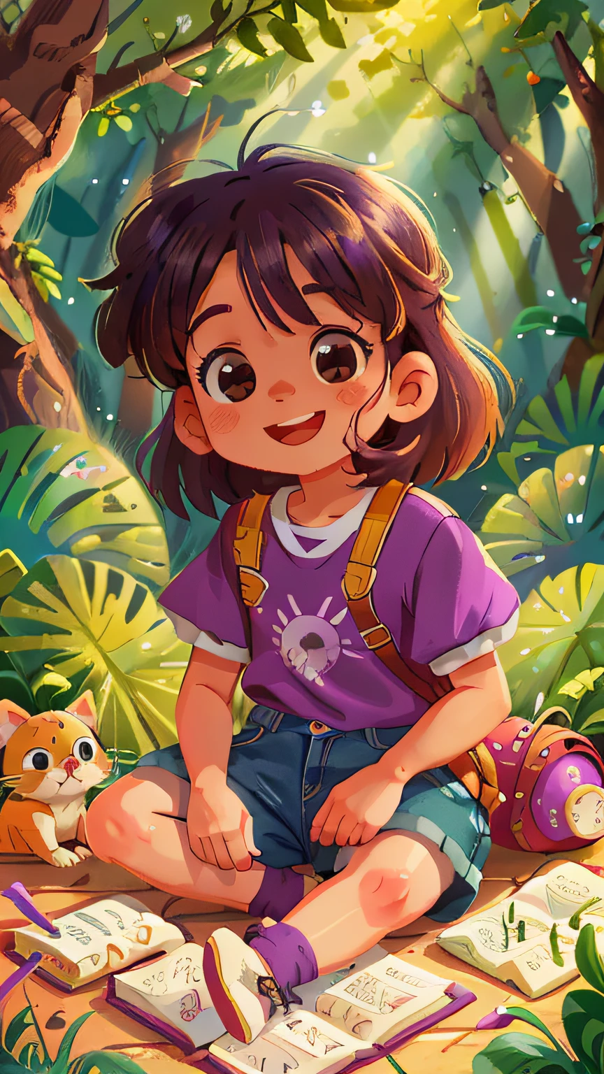 Uma de 6 anos de idade, de cabelo curto ruivo e enrolado, she's sitting on the floor of a forest, Lendo um livro dourado brilhante, She's wearing a purple blouse and jean shorts, is smiling, feliz, qualidade perfeita, foco claro (mess - house: 0.8), (obra-prima: 1.2) (Realista: 1.2) (Bokeh) (Melhor qualidade) (Pele detalhada: 1.3) (Detalhes intrincados) (8K) (Detalhe Olho) (foco nítido), (Feliz)
