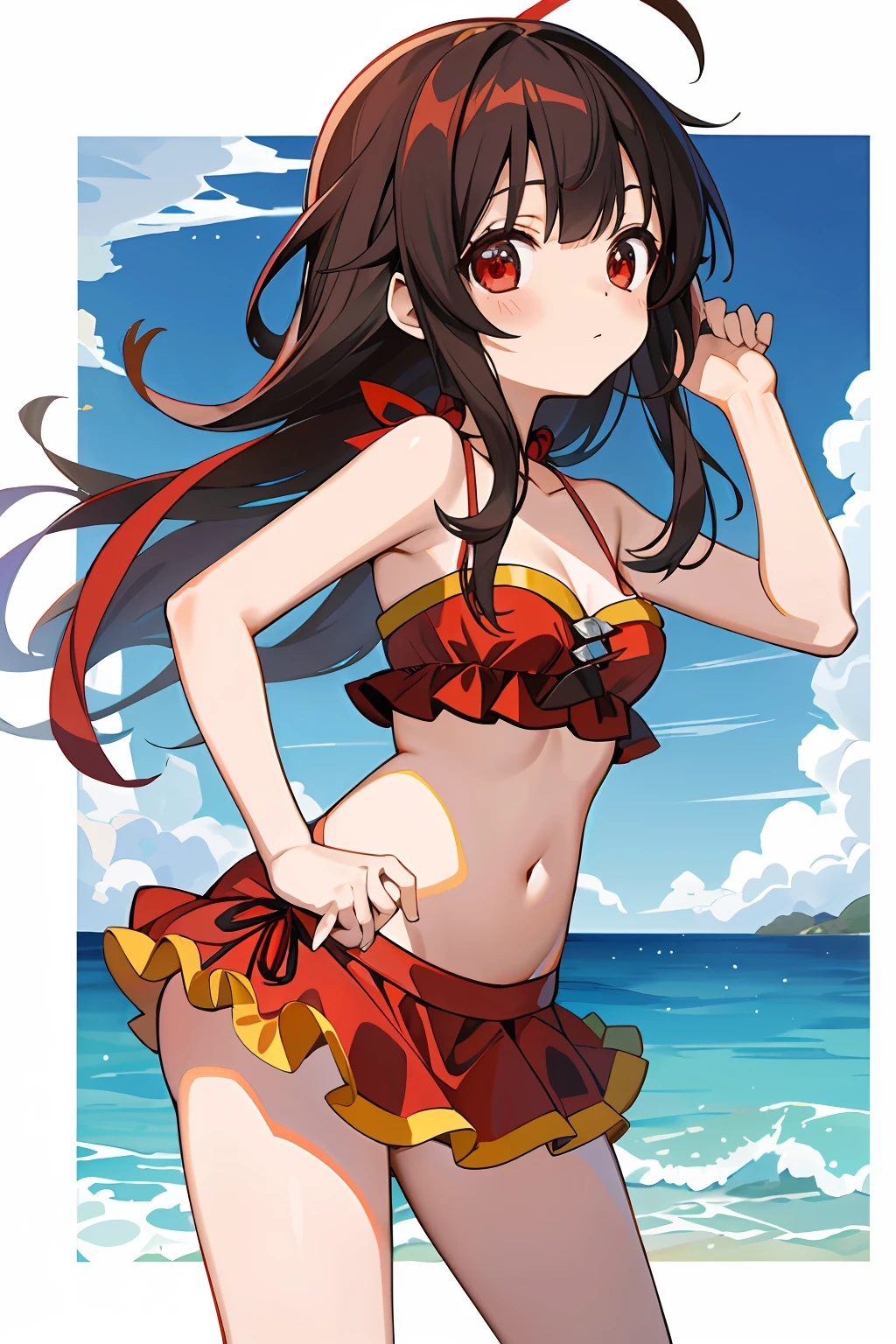(obra-prima, melhor qualidade) detalhado, 1girl_megumin_konosuba, solo, oceano, rochas, sereia, shell bikini, cabelo curto vermelho, red eyes.