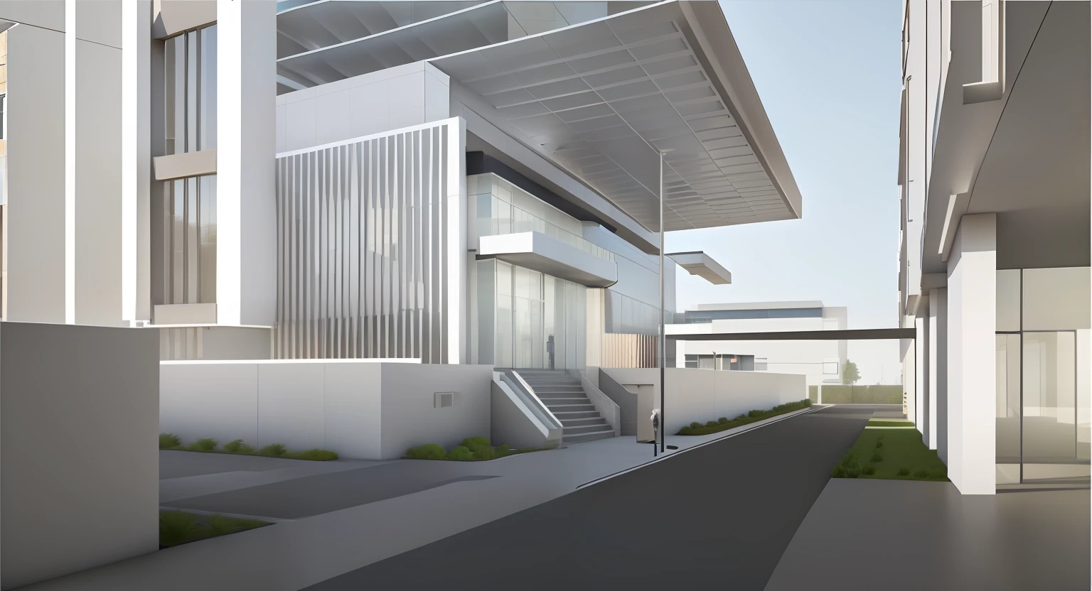 Rendering of a building with a sidewalk and a sidewalk leading to it, a digital rendering, architectural render, architecture render, conceptual rendering, high-detailed rendering, detail render, a digital rendering, Detailed rendering, building rendering, Complex 3 D rendering, complex 3 d render, architectural 3 d render, A digital rendering, vue 3d render, low angle dimetric rendering